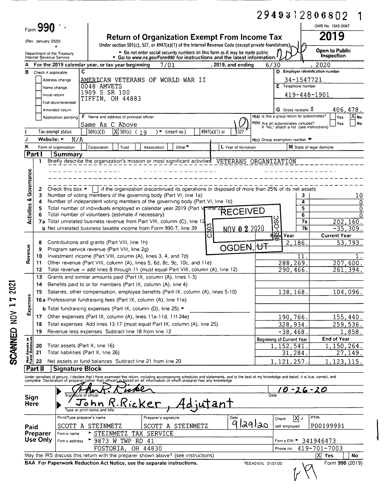 Image of first page of 2019 Form 990O for American Veterans of World War Ii 0048 Amvets