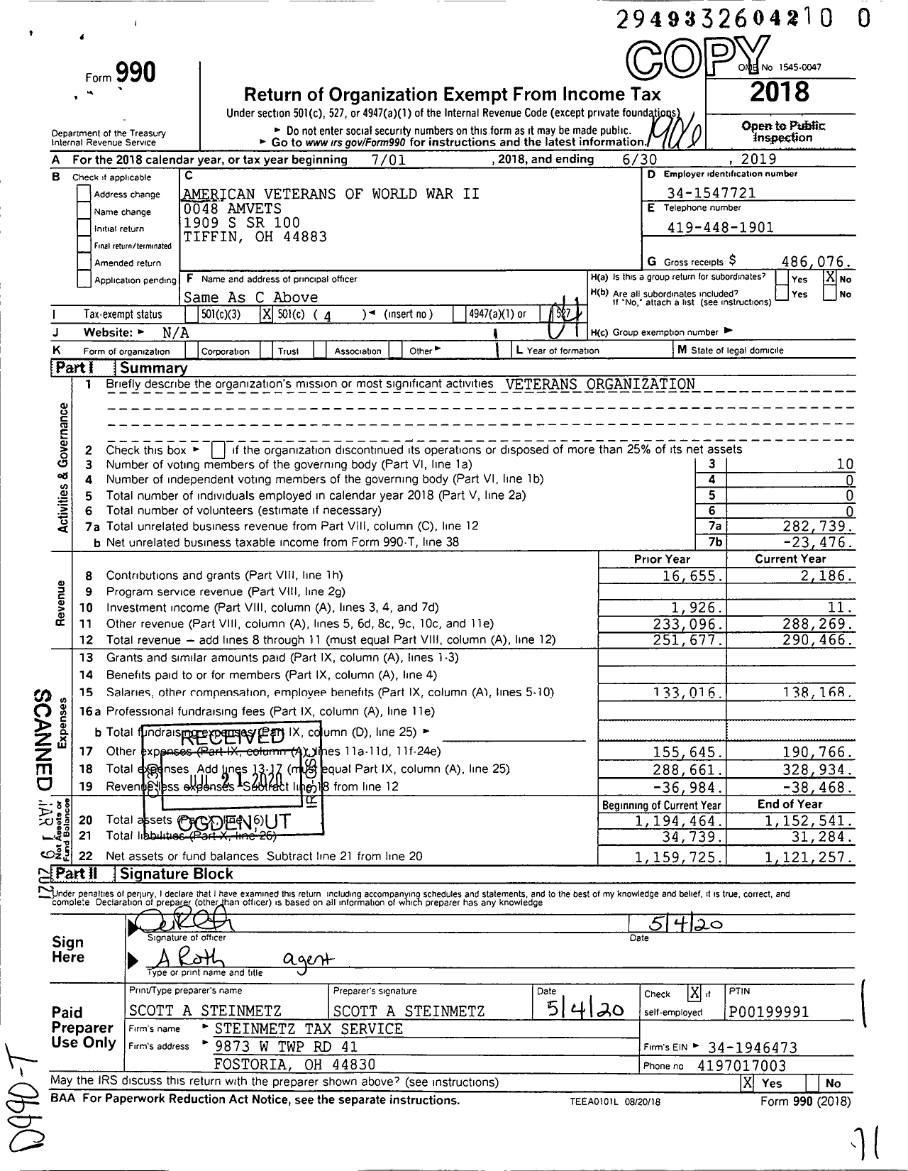 Image of first page of 2018 Form 990O for Amvets - 0048-oh