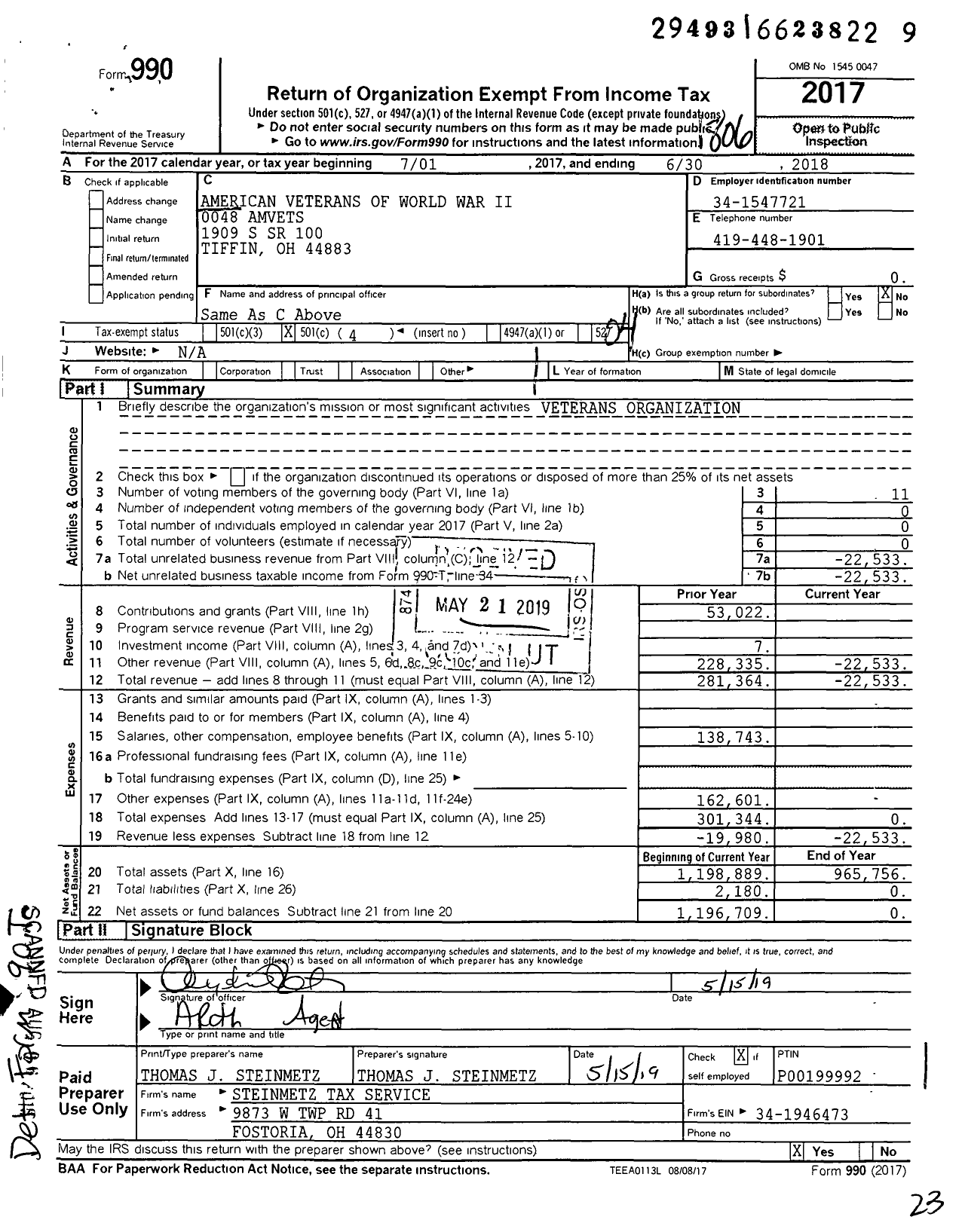 Image of first page of 2017 Form 990O for American Veterans of World War Ii 0048 Amvets