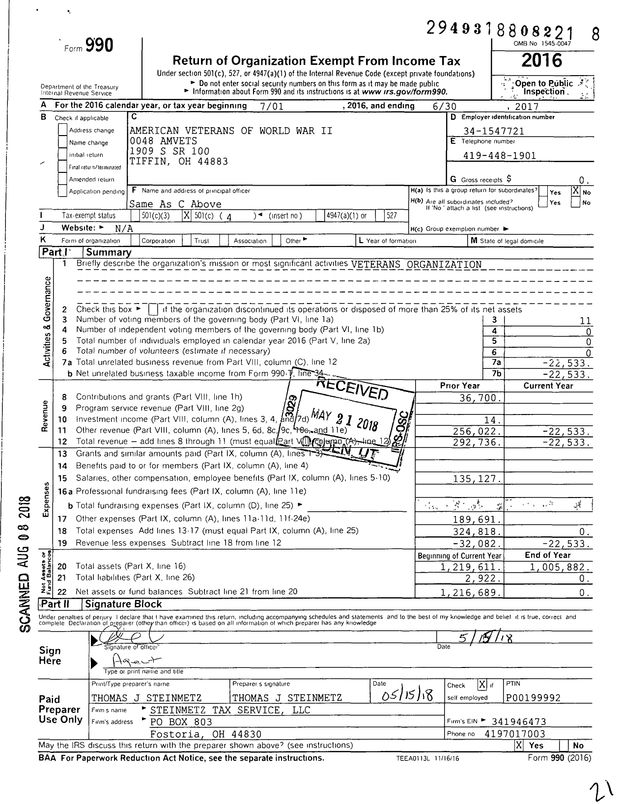 Image of first page of 2016 Form 990O for American Veterans of World War Ii 0048 Amvets