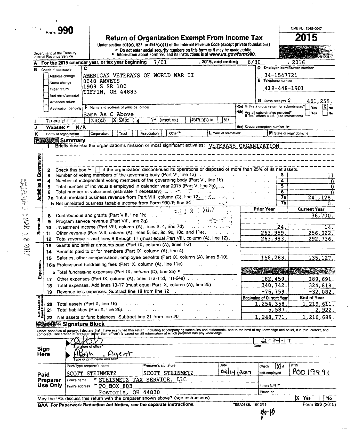 Image of first page of 2015 Form 990O for American Veterans of World War Ii 0048 Amvets