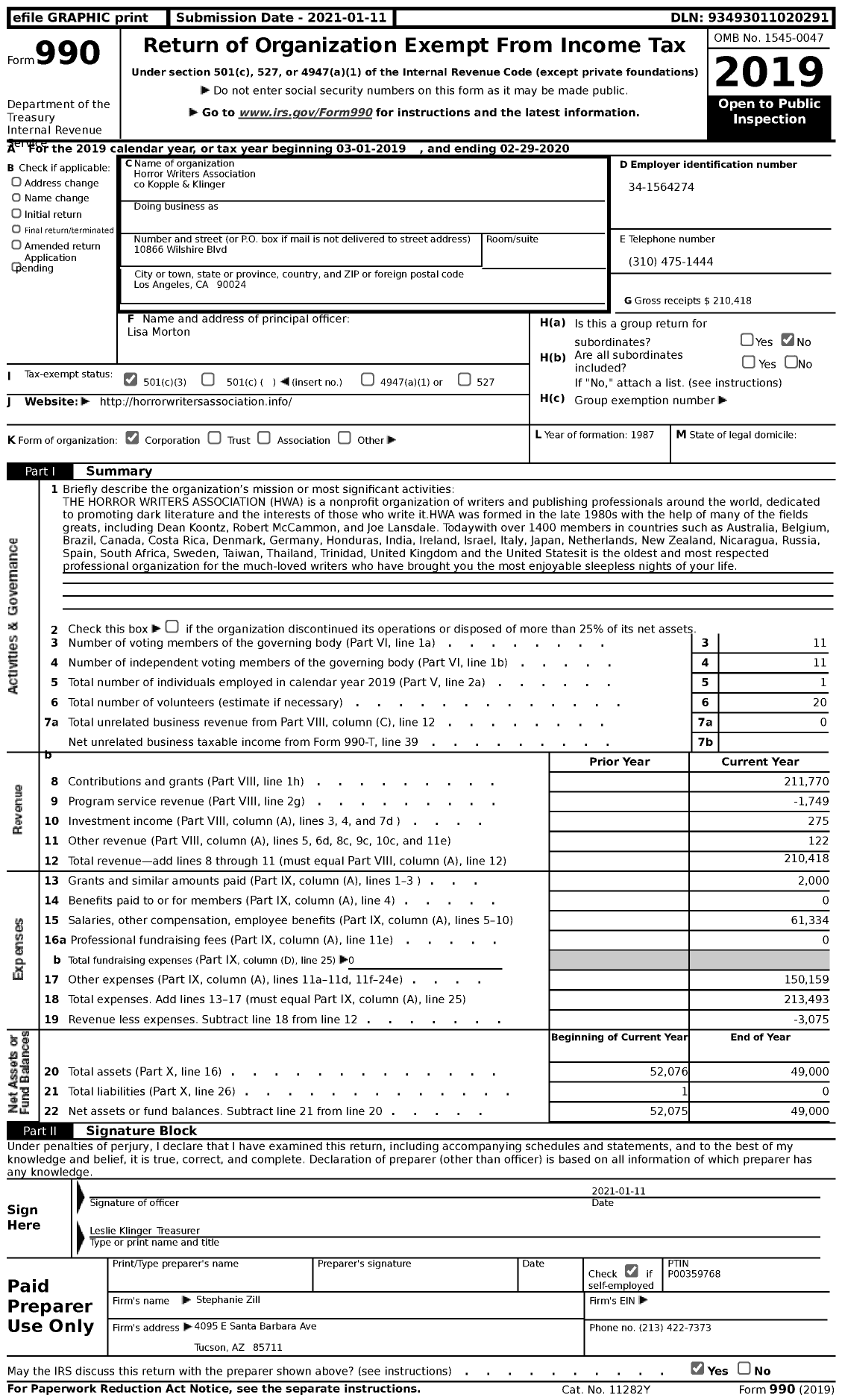 Image of first page of 2019 Form 990 for Horror Writers Association