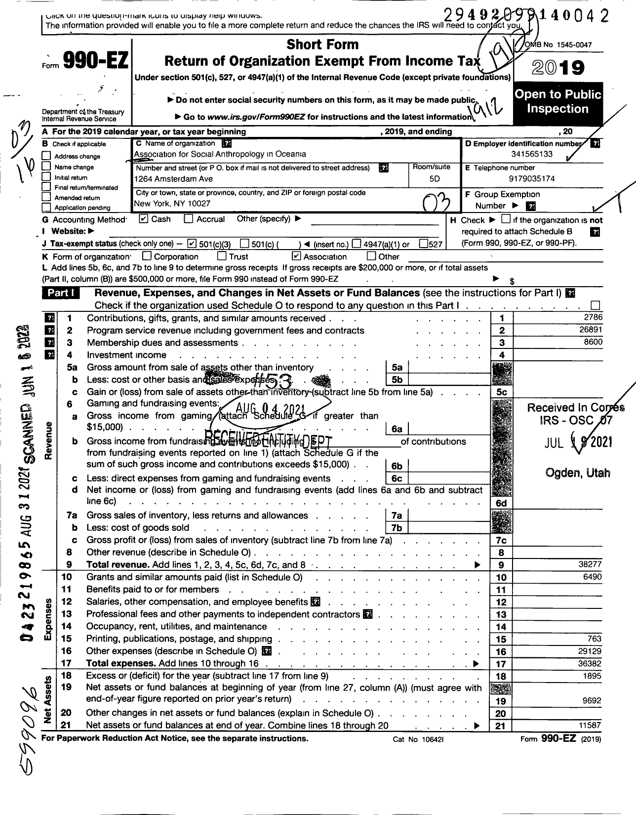 Image of first page of 2019 Form 990EZ for Association for Social Anthropology in Oceania