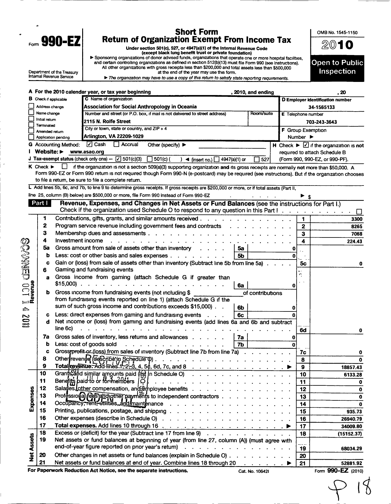 Image of first page of 2010 Form 990EZ for Association for Social Anthropology in Oceania