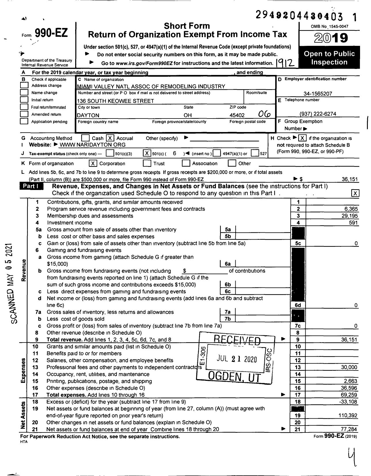 Image of first page of 2019 Form 990EO for Nari of Southwestern Ohio