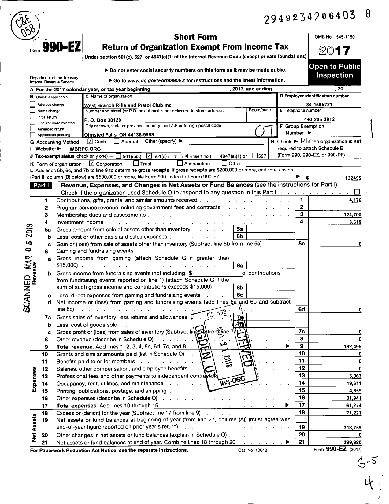 Image of first page of 2017 Form 990EO for West Branch Rifle and Pistol Club