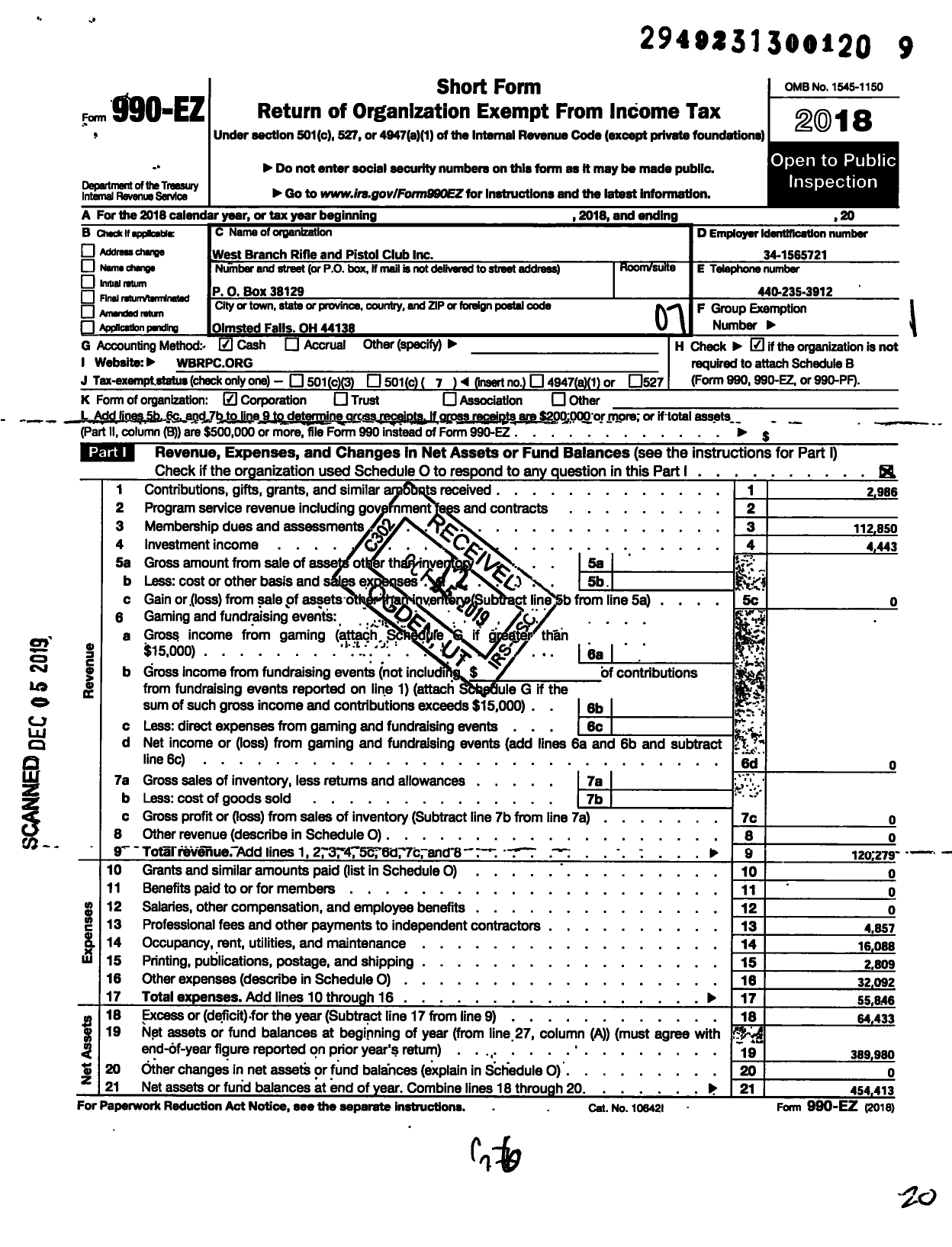 Image of first page of 2018 Form 990EO for West Branch Rifle and Pistol Club