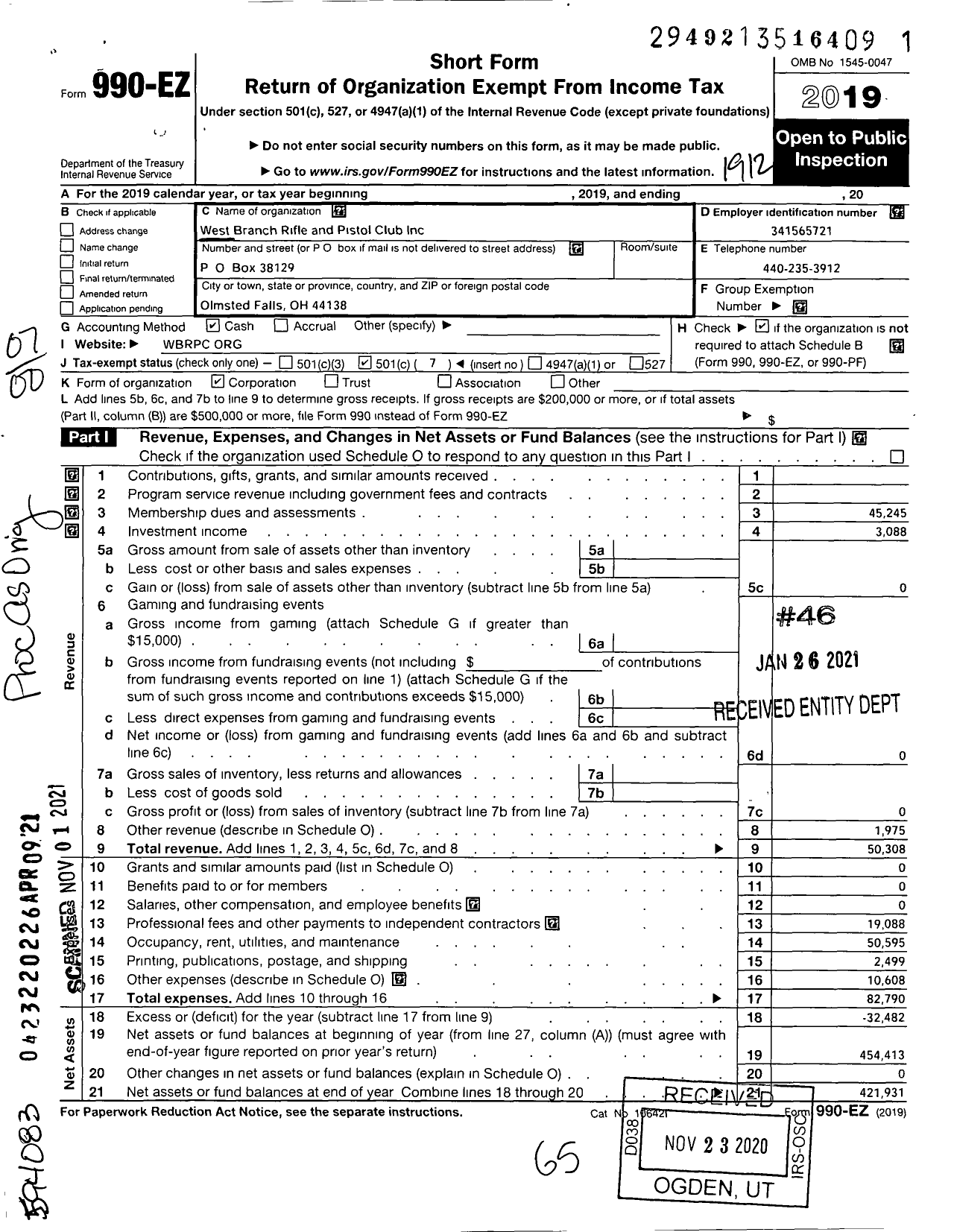 Image of first page of 2019 Form 990EO for West Branch Rifle and Pistol Club