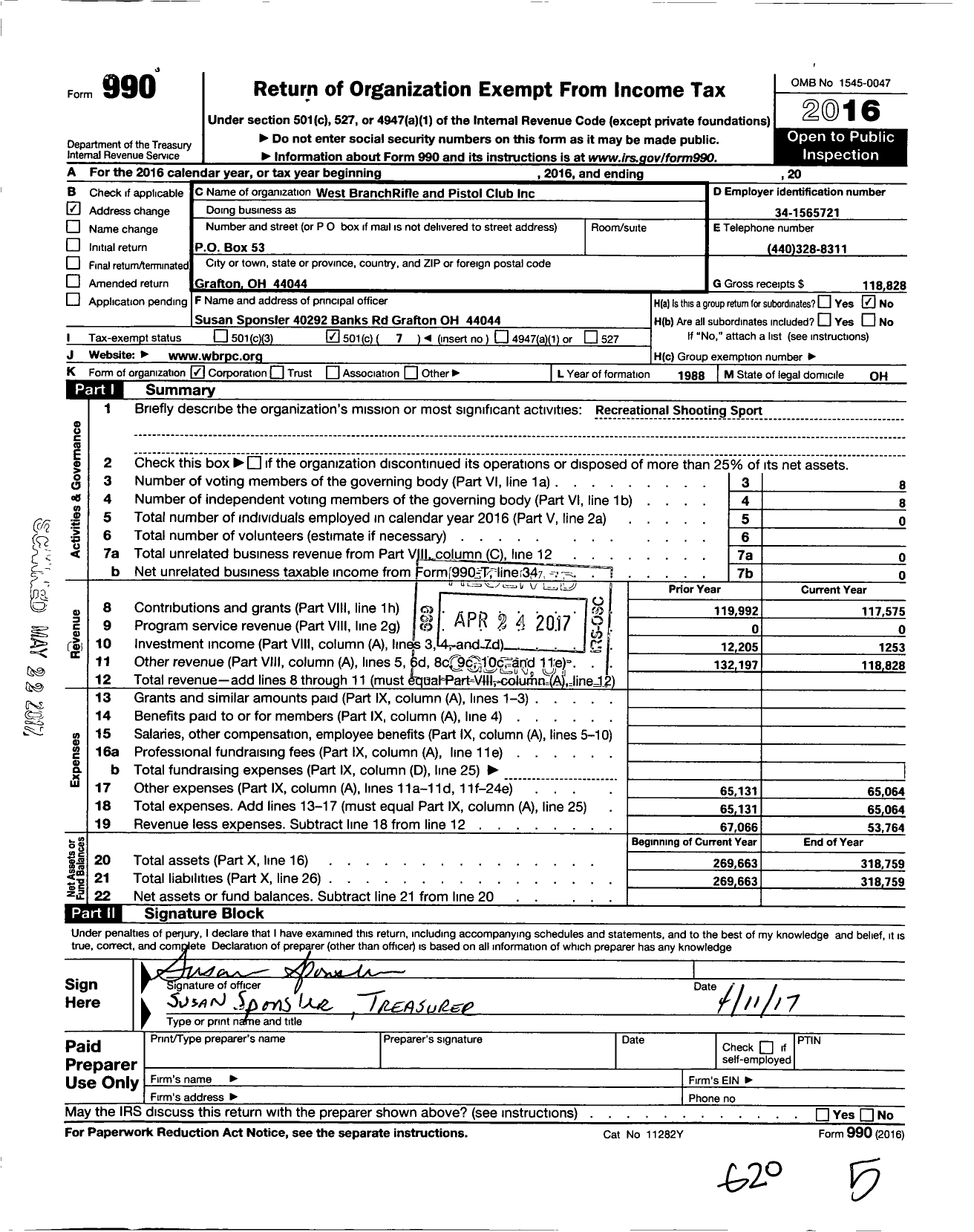 Image of first page of 2016 Form 990O for West Branch Rifle and Pistol Club