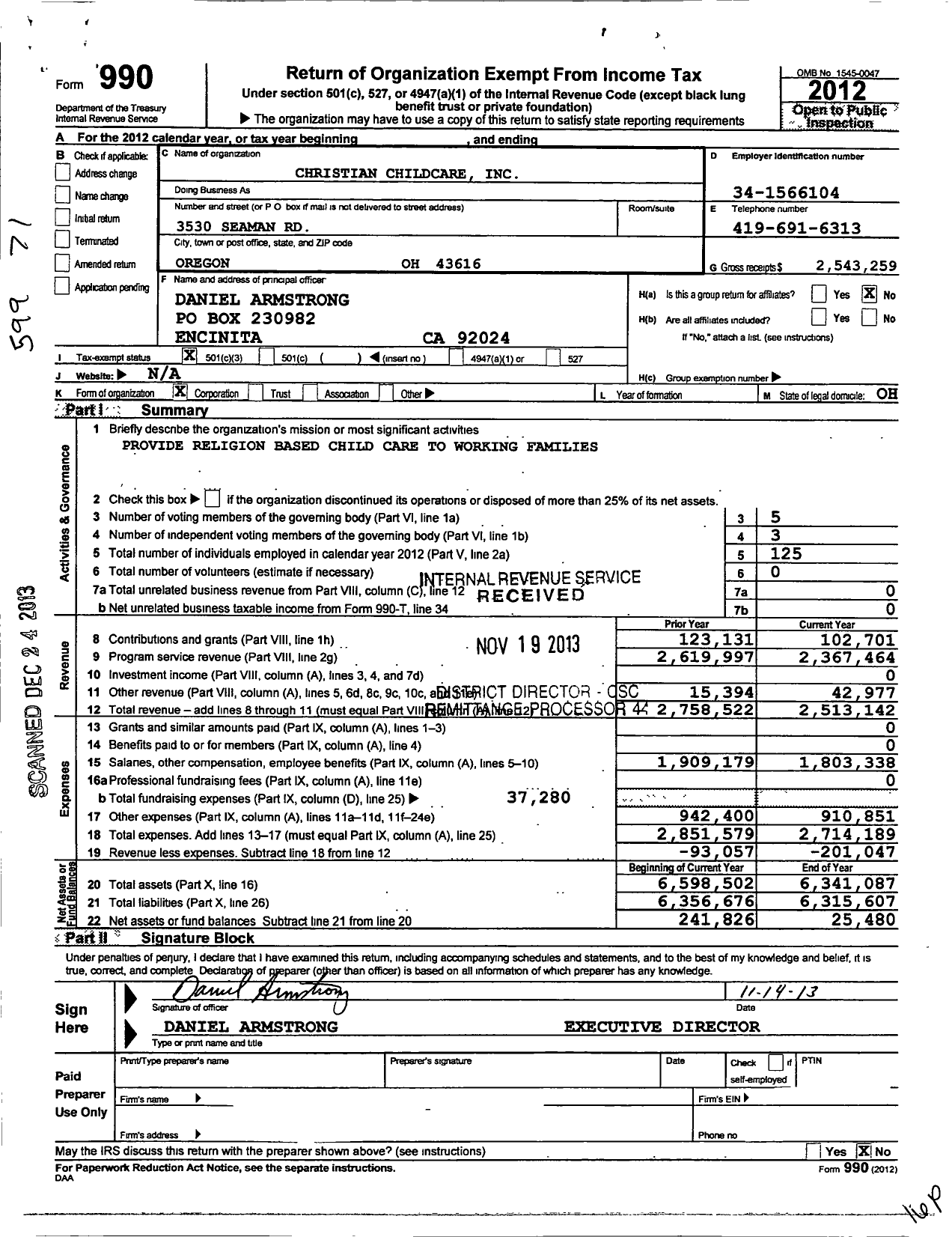 Image of first page of 2012 Form 990 for Christian Childcare