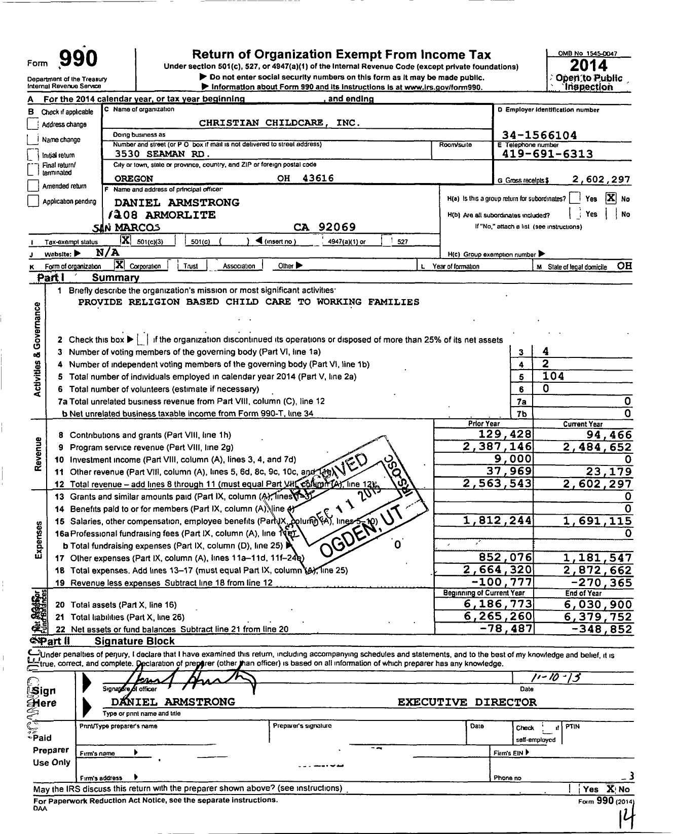 Image of first page of 2014 Form 990 for Christian Childcare