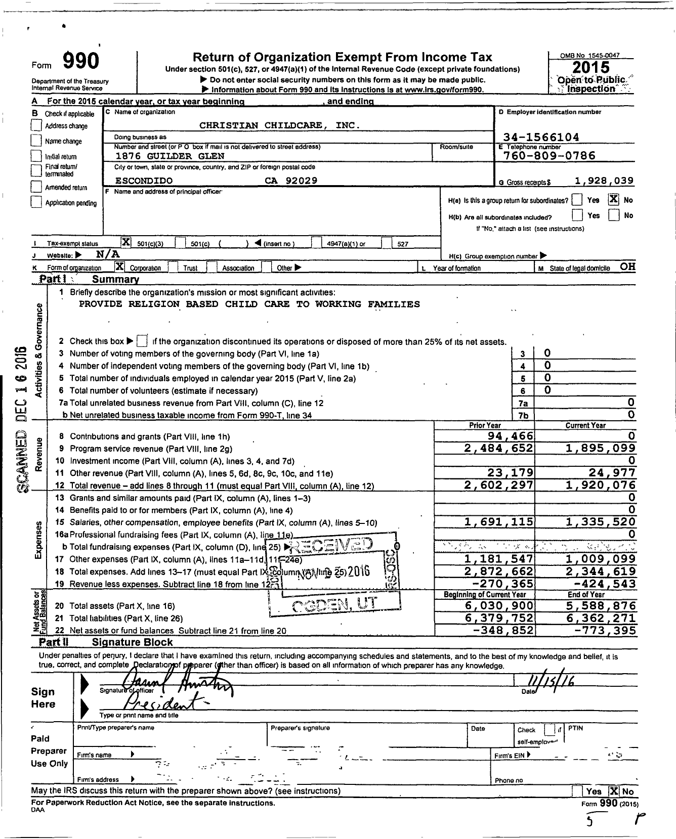Image of first page of 2015 Form 990 for Christian Childcare