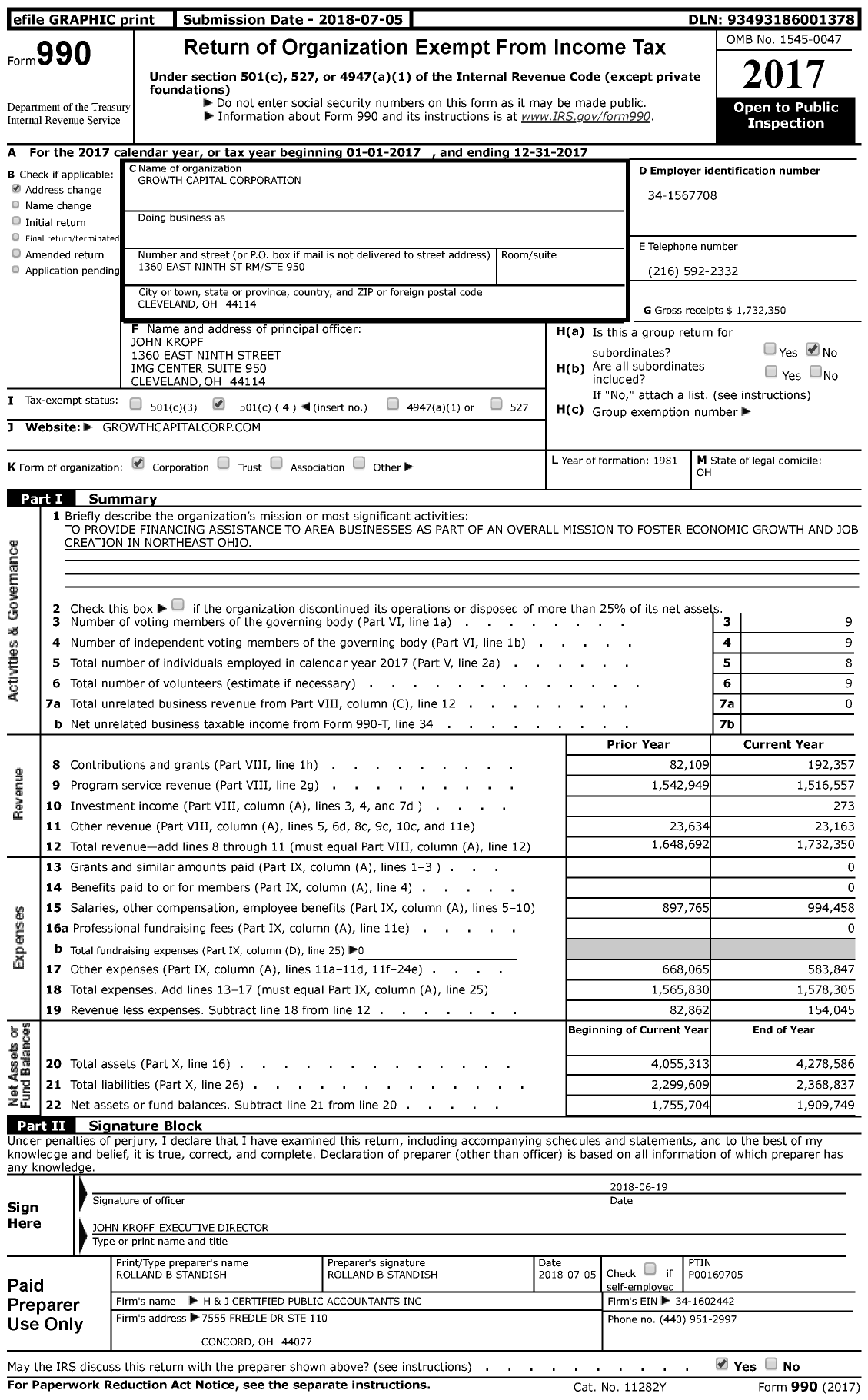 Image of first page of 2017 Form 990 for Growth Capital Corporation