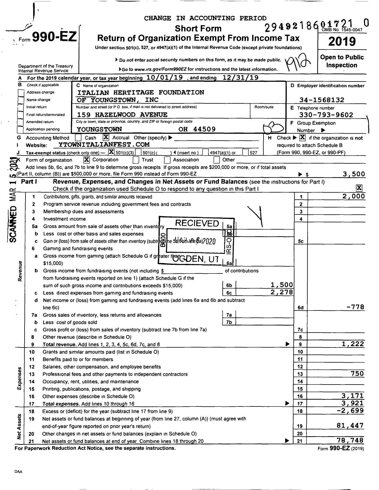 Image of first page of 2019 Form 990EZ for Italian Hertitage Foundation of Youngstown