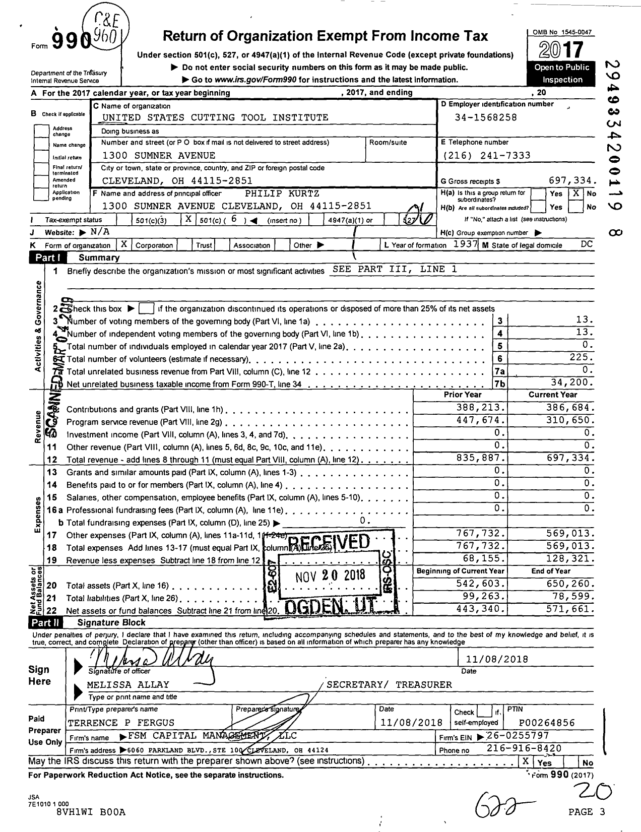 Image of first page of 2017 Form 990O for United States Cutting Tool Institute
