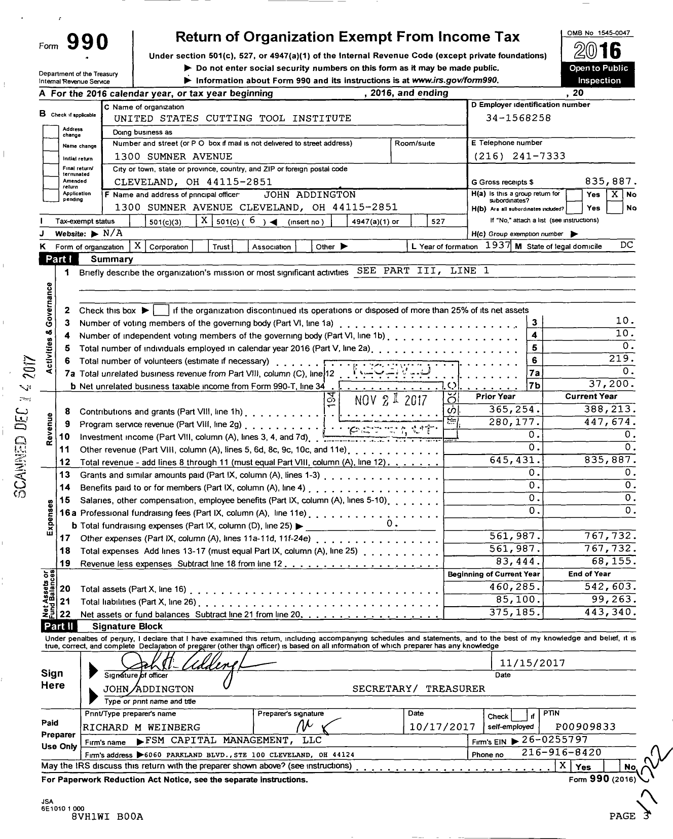 Image of first page of 2016 Form 990O for United States Cutting Tool Institute