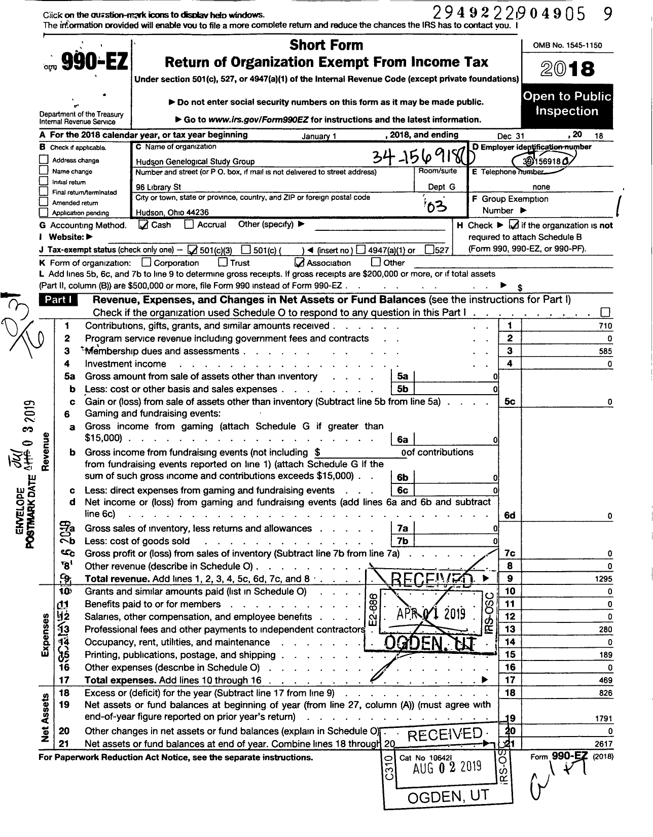 Image of first page of 2018 Form 990EZ for Hudson Genealogical Study Group