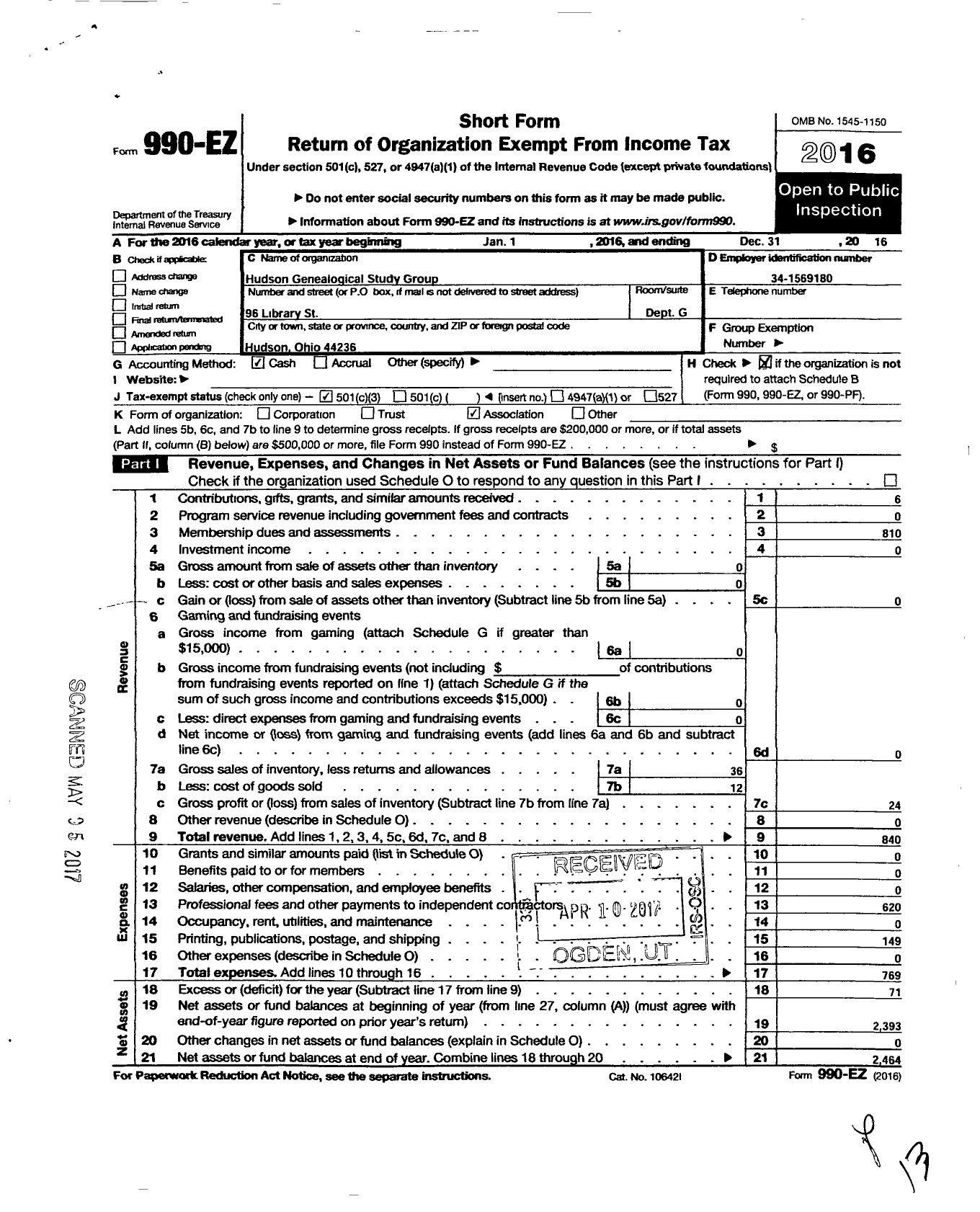 Image of first page of 2016 Form 990EZ for Hudson Genealogical Study Group