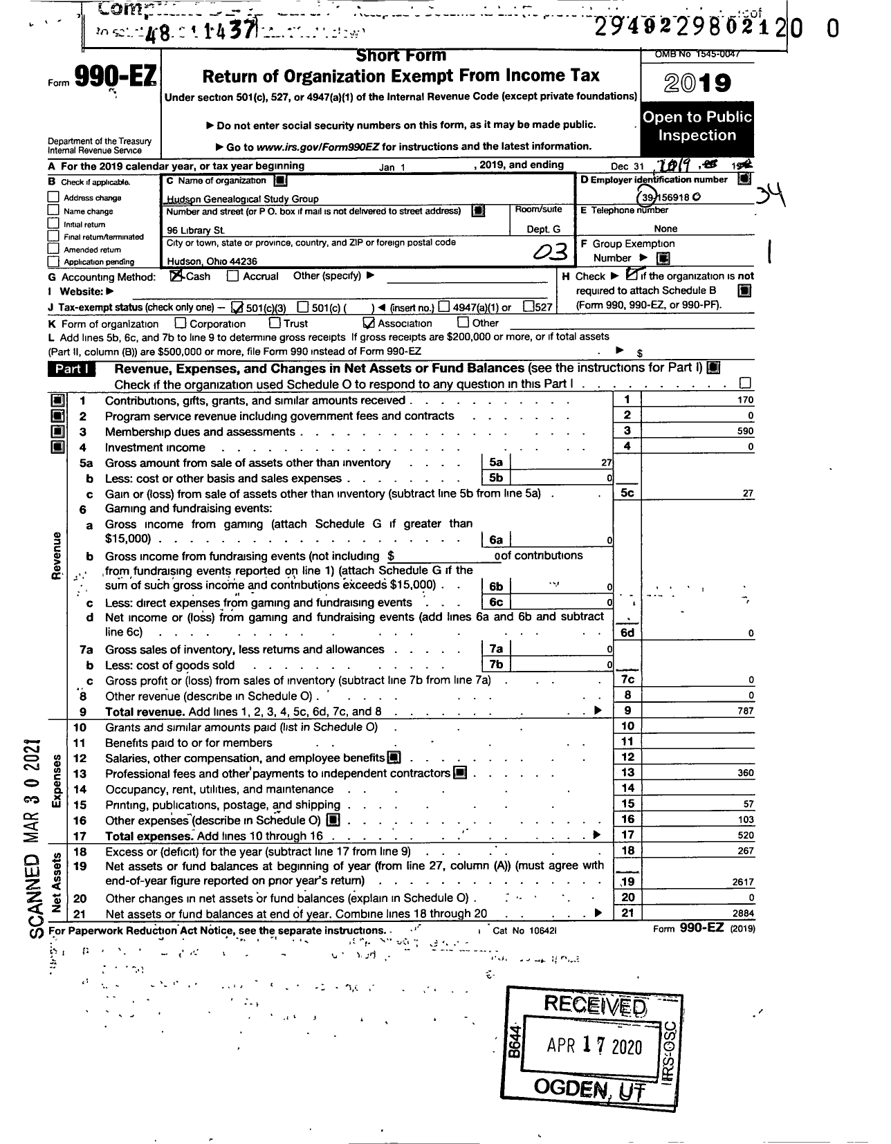 Image of first page of 2019 Form 990EZ for Hudson Genealogical Study Group