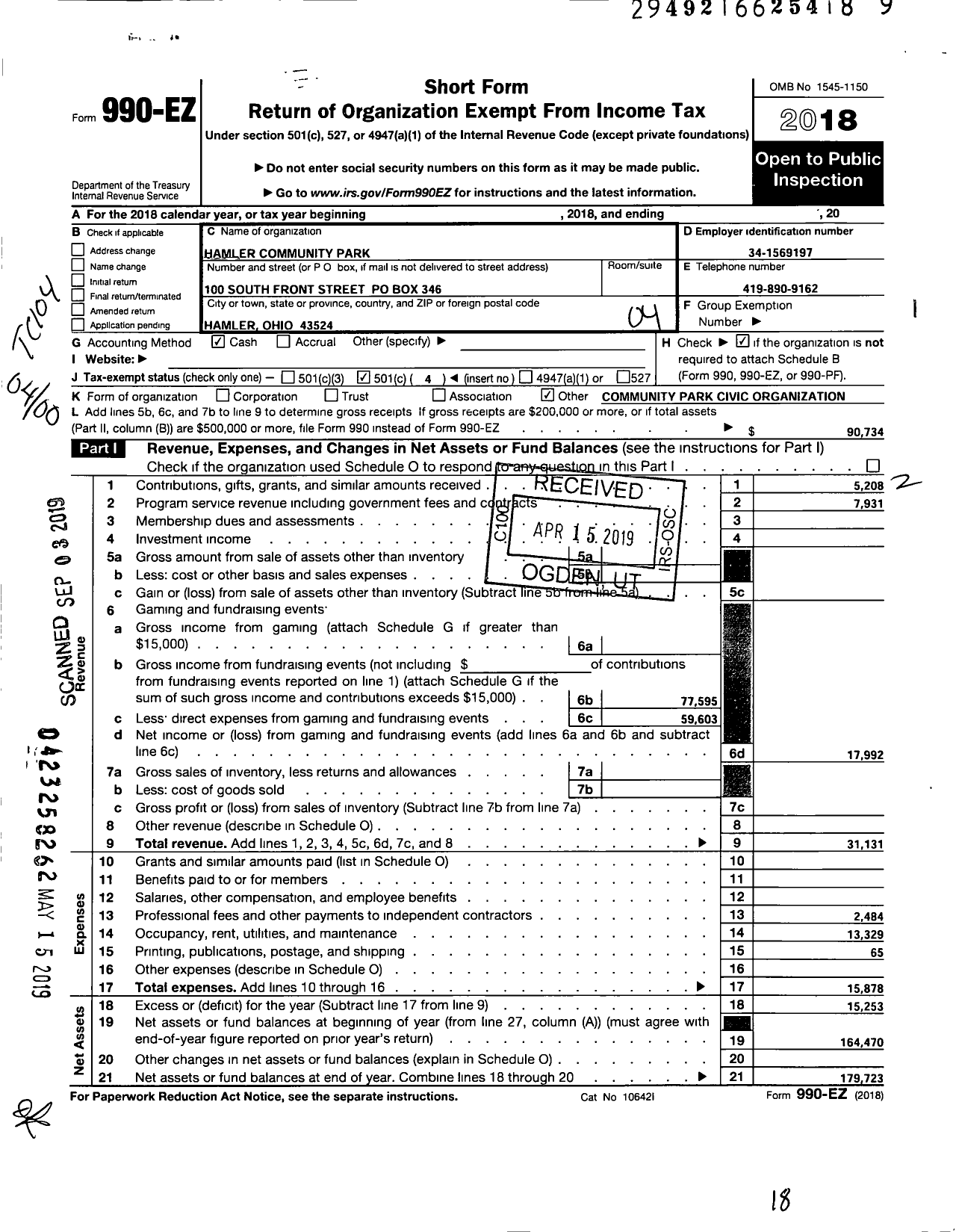 Image of first page of 2018 Form 990EO for Hamler Community Park