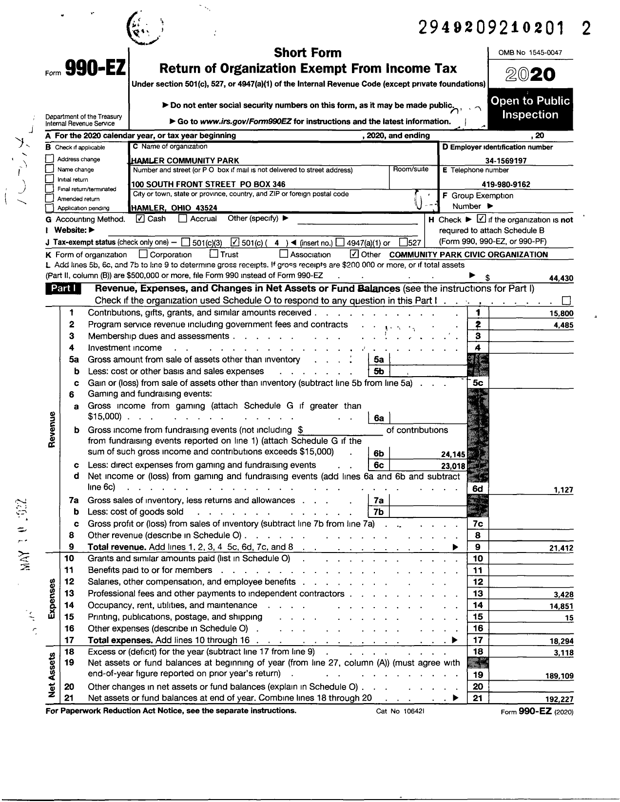 Image of first page of 2020 Form 990EO for Hamler Community Park