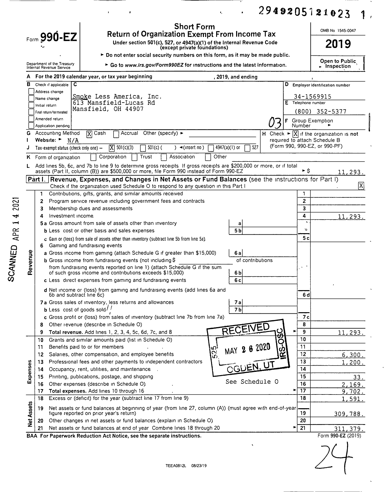 Image of first page of 2019 Form 990EZ for Smoke Less America