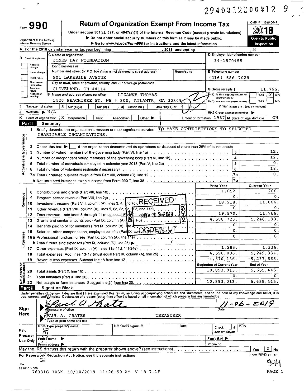 Image of first page of 2018 Form 990 for Jones Day Foundation