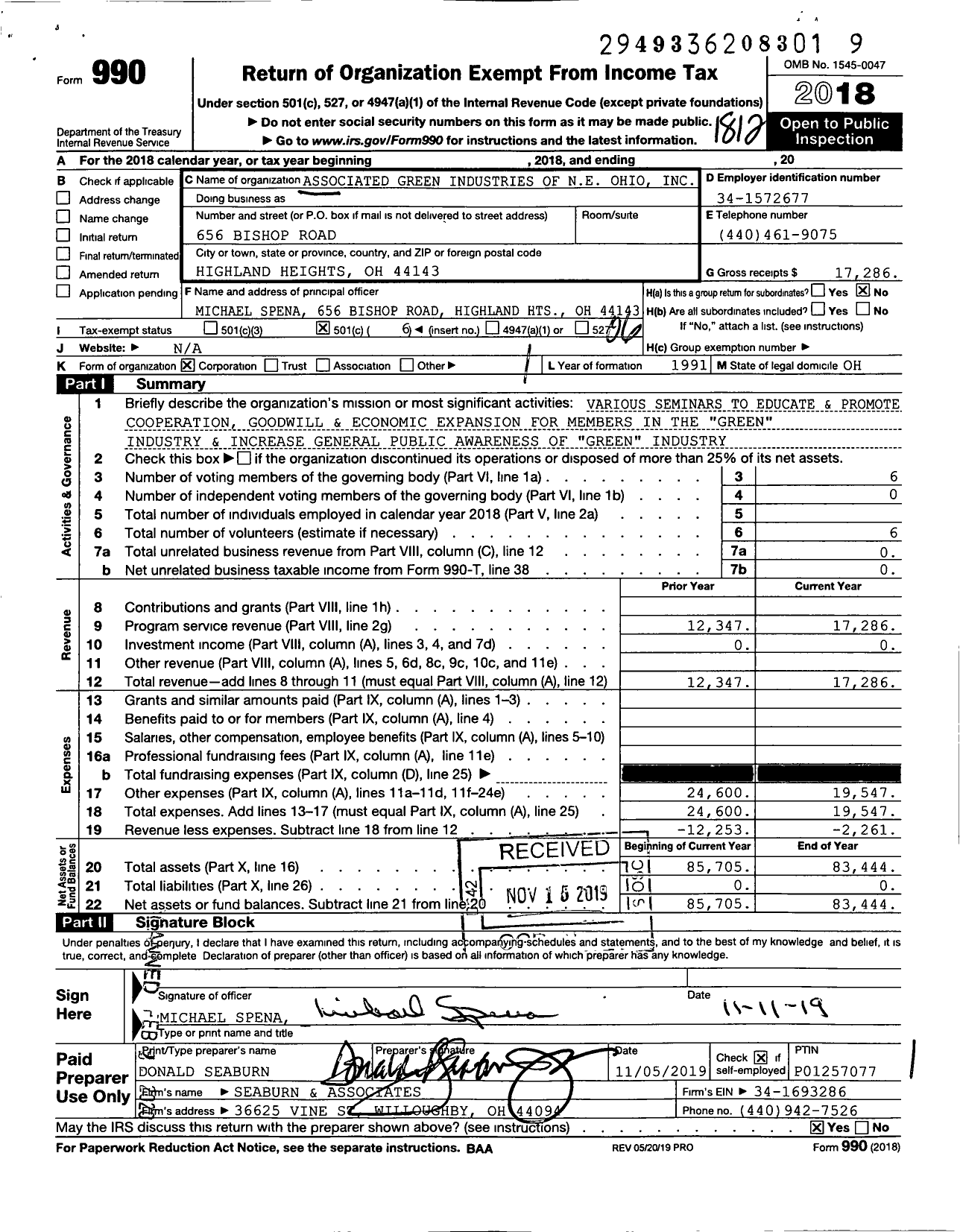 Image of first page of 2018 Form 990O for Associated Green Industries of Ne Ohio