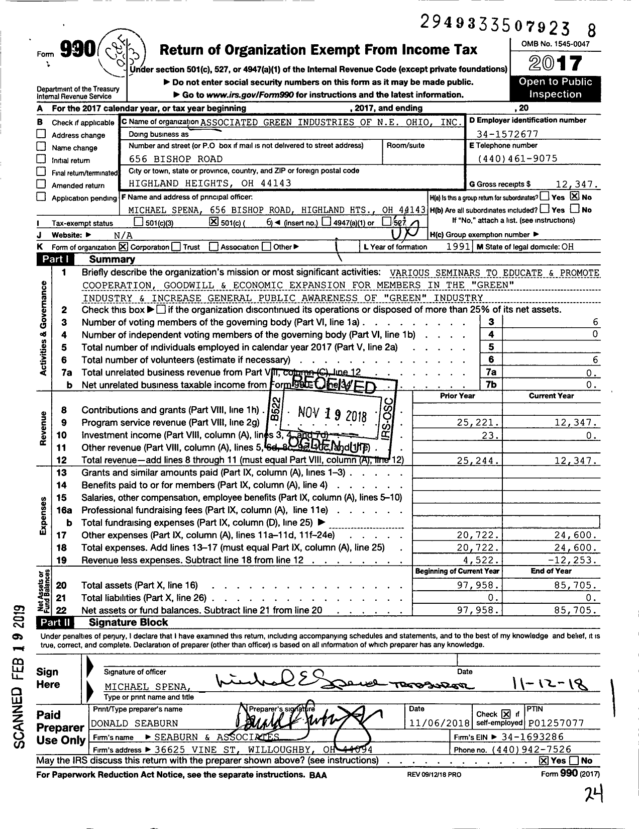 Image of first page of 2017 Form 990O for Associated Green Industries of Ne Ohio