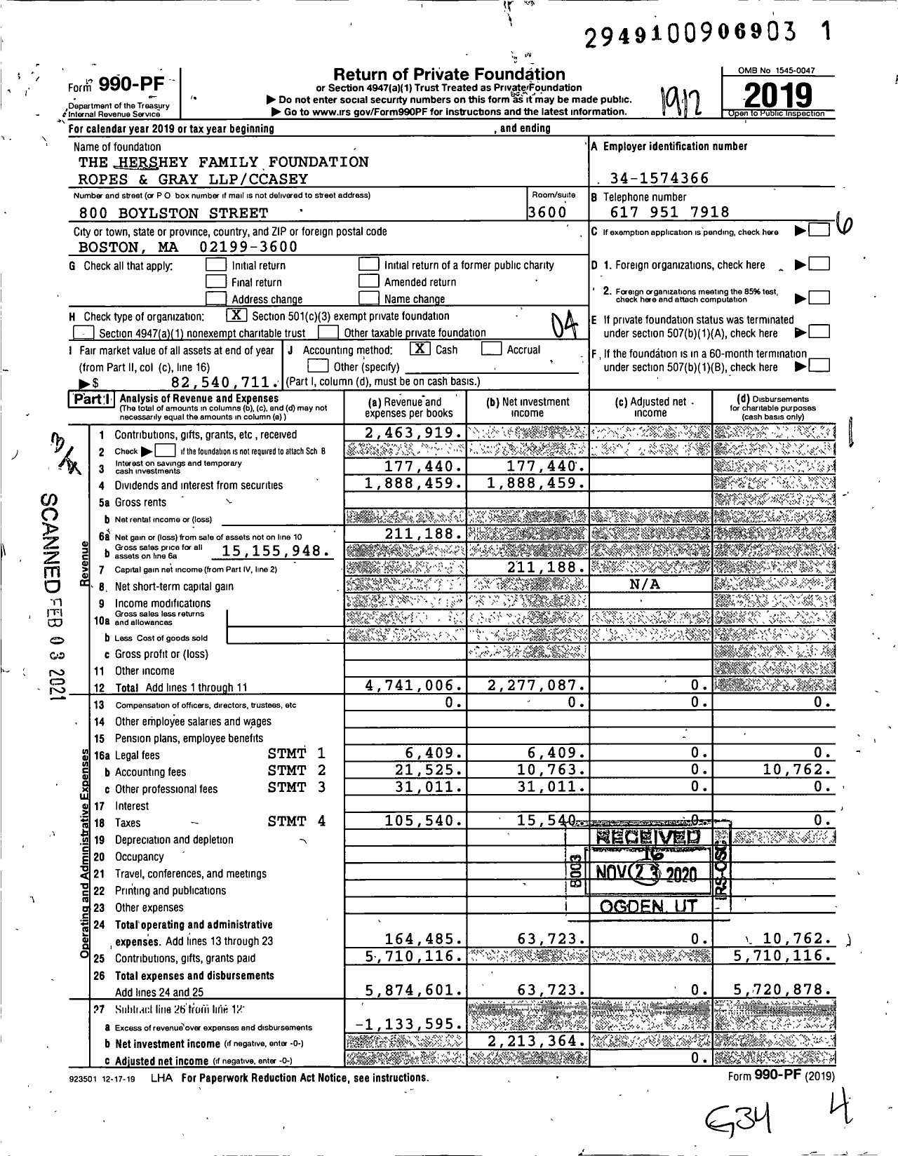 Image of first page of 2019 Form 990PF for The Hershey Family Foundation Choate Hall and Stewart / Ccasey