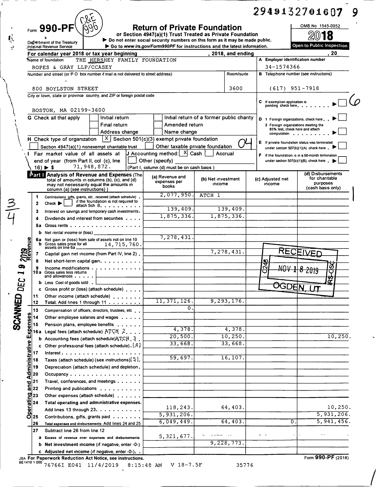 Image of first page of 2018 Form 990PF for The Hershey Family Foundation Choate Hall and Stewart / Ccasey