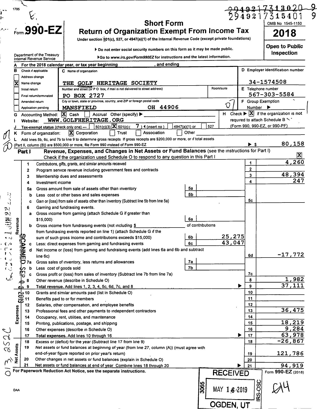 Image of first page of 2018 Form 990EO for The Golf Heritage Society