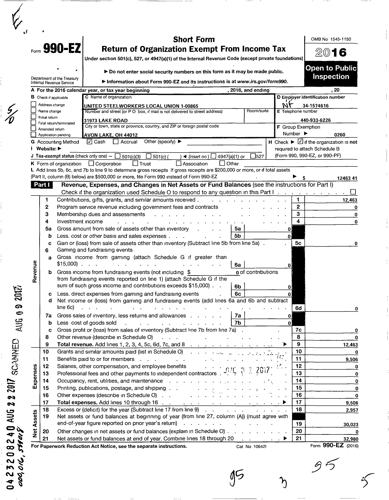 Image of first page of 2016 Form 990EO for United Steelworkers Local Union 1 00865