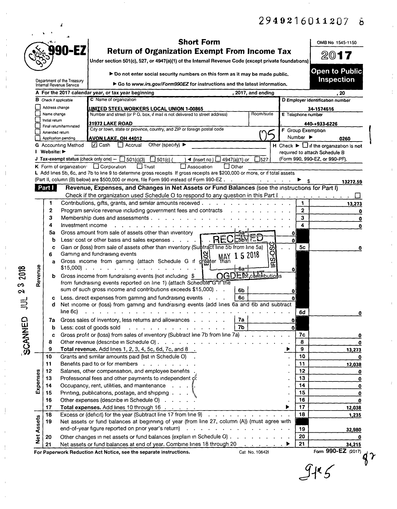 Image of first page of 2017 Form 990EO for United Steelworkers Local Union 1 00865