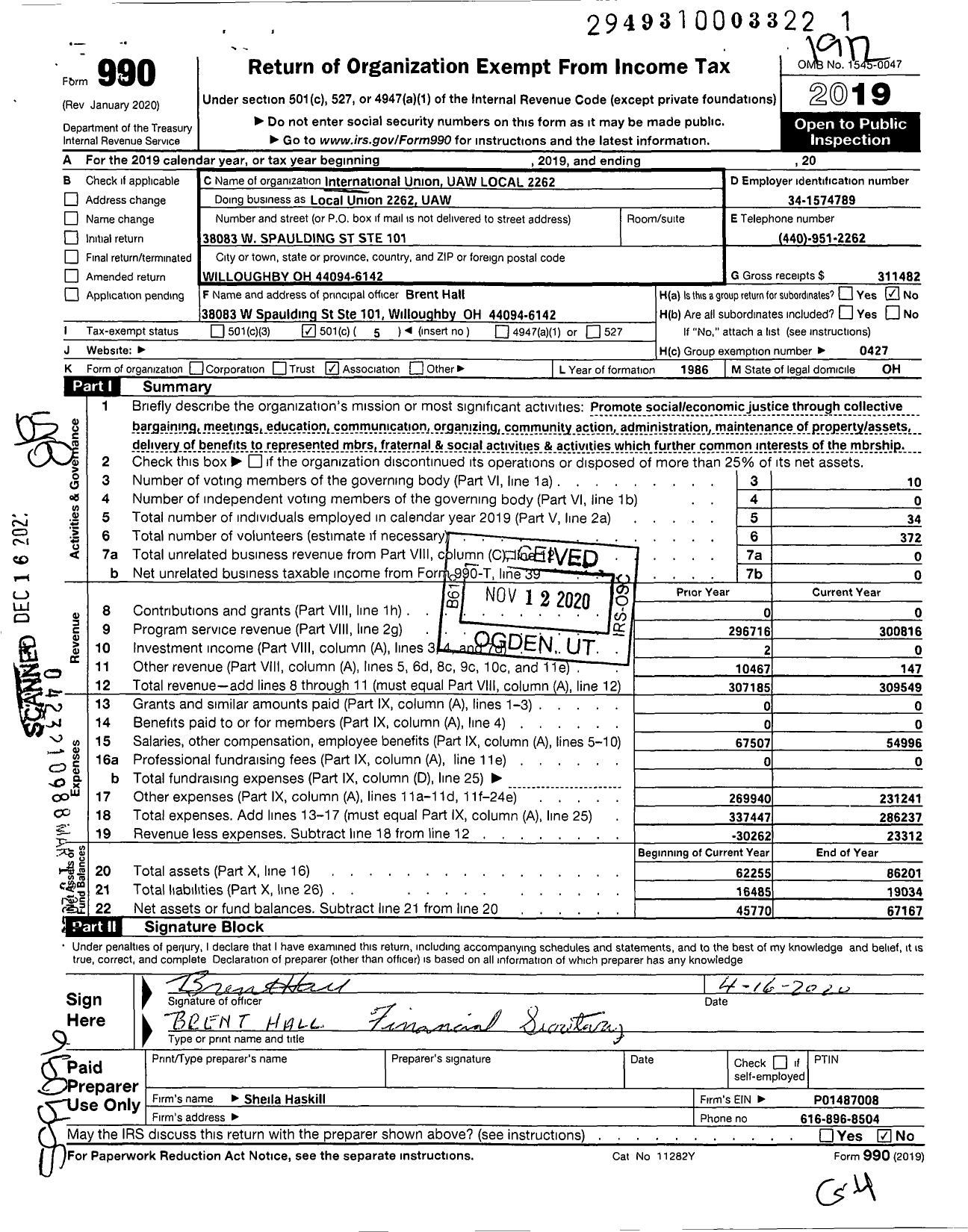 Image of first page of 2019 Form 990O for UAW - Local Union 2262 UAW