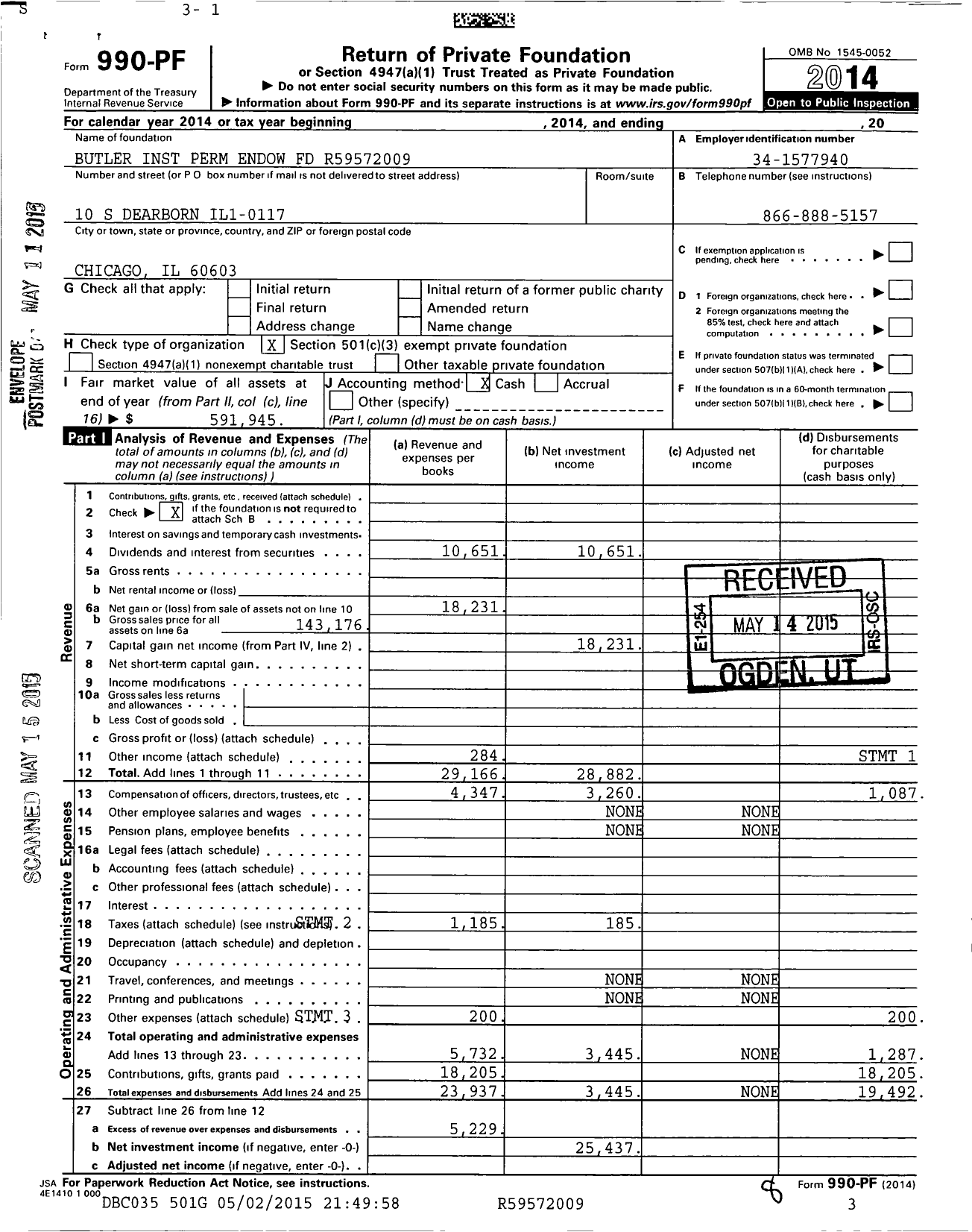 Image of first page of 2014 Form 990PF for Butler Inst Perm Endow Fund