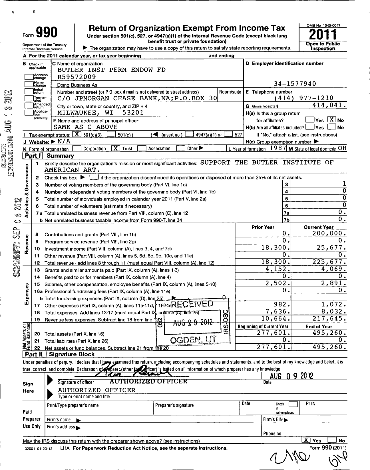 Image of first page of 2011 Form 990 for Butler Inst Perm Endow Fund