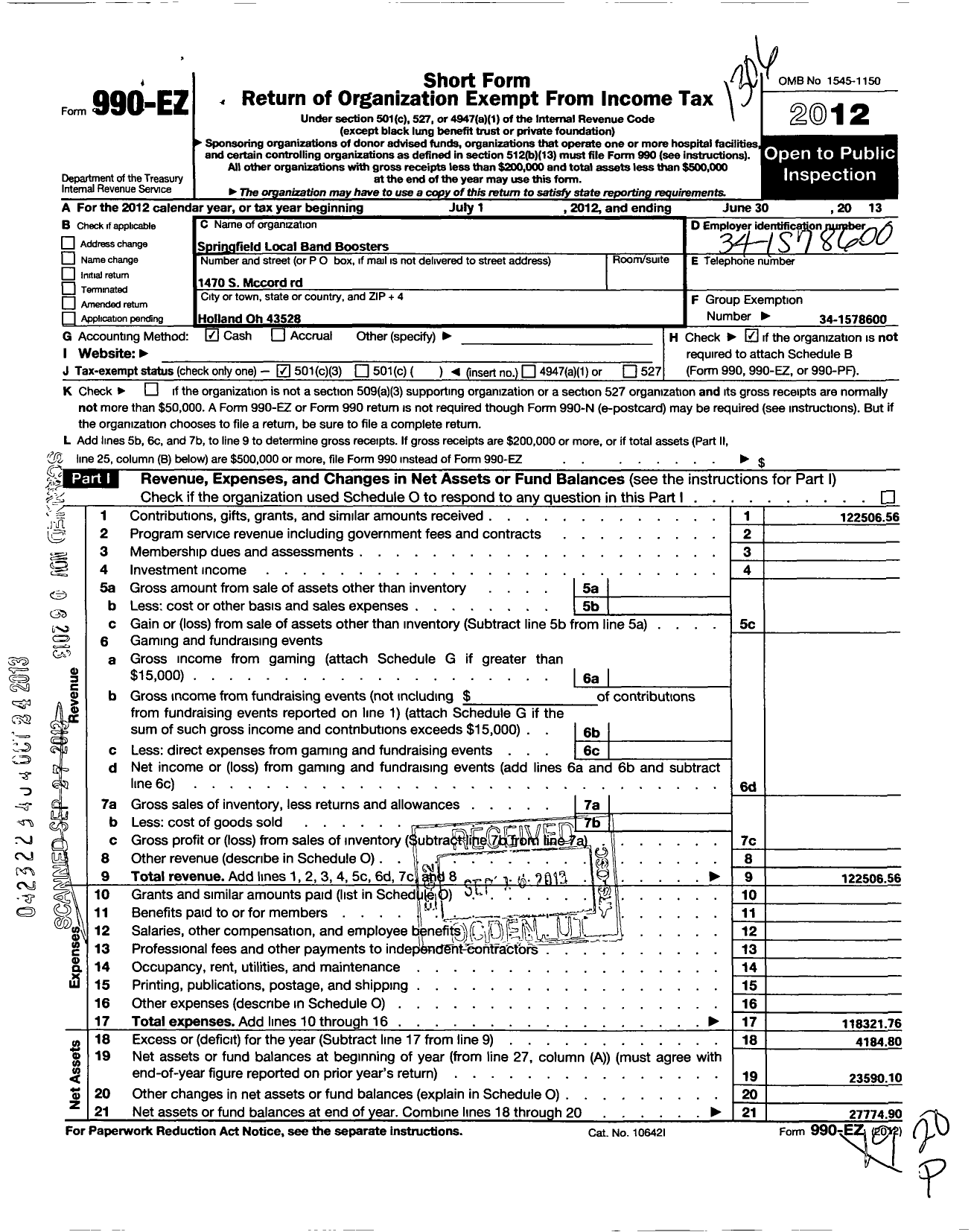 Image of first page of 2012 Form 990EZ for Springfield Local Band Boosters