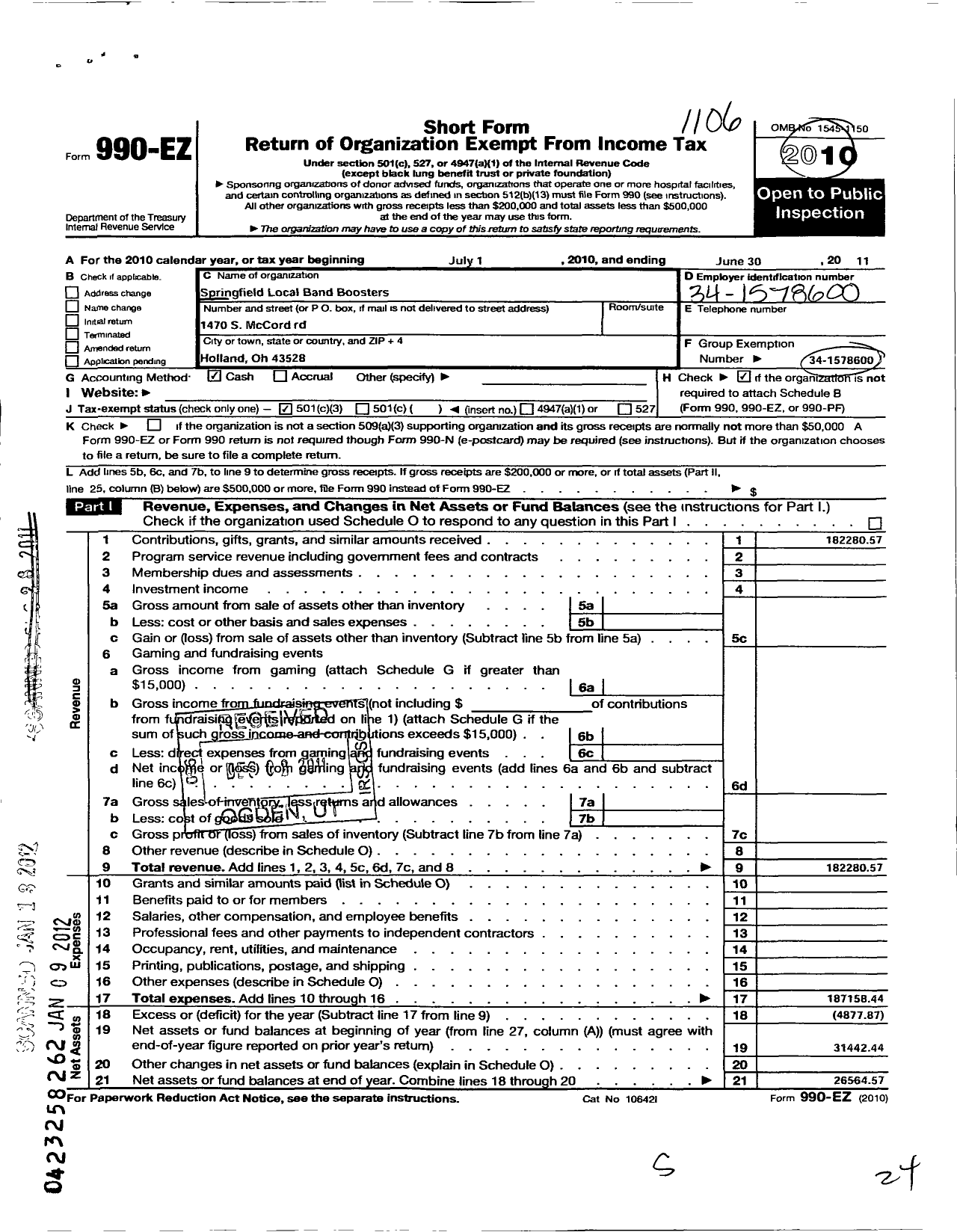 Image of first page of 2010 Form 990EZ for Springfield Local Band Boosters