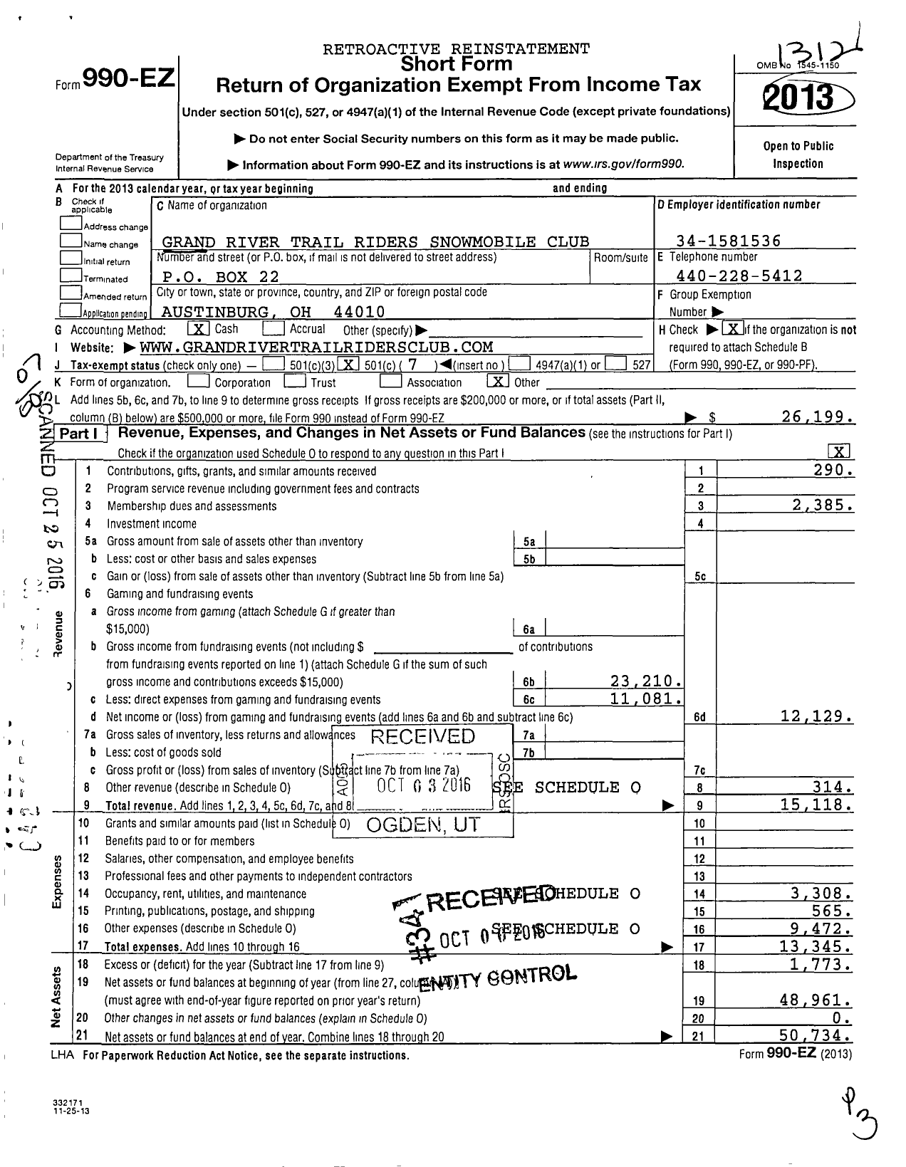 Image of first page of 2013 Form 990EO for Grand River Trail Riders Snowmobile Club