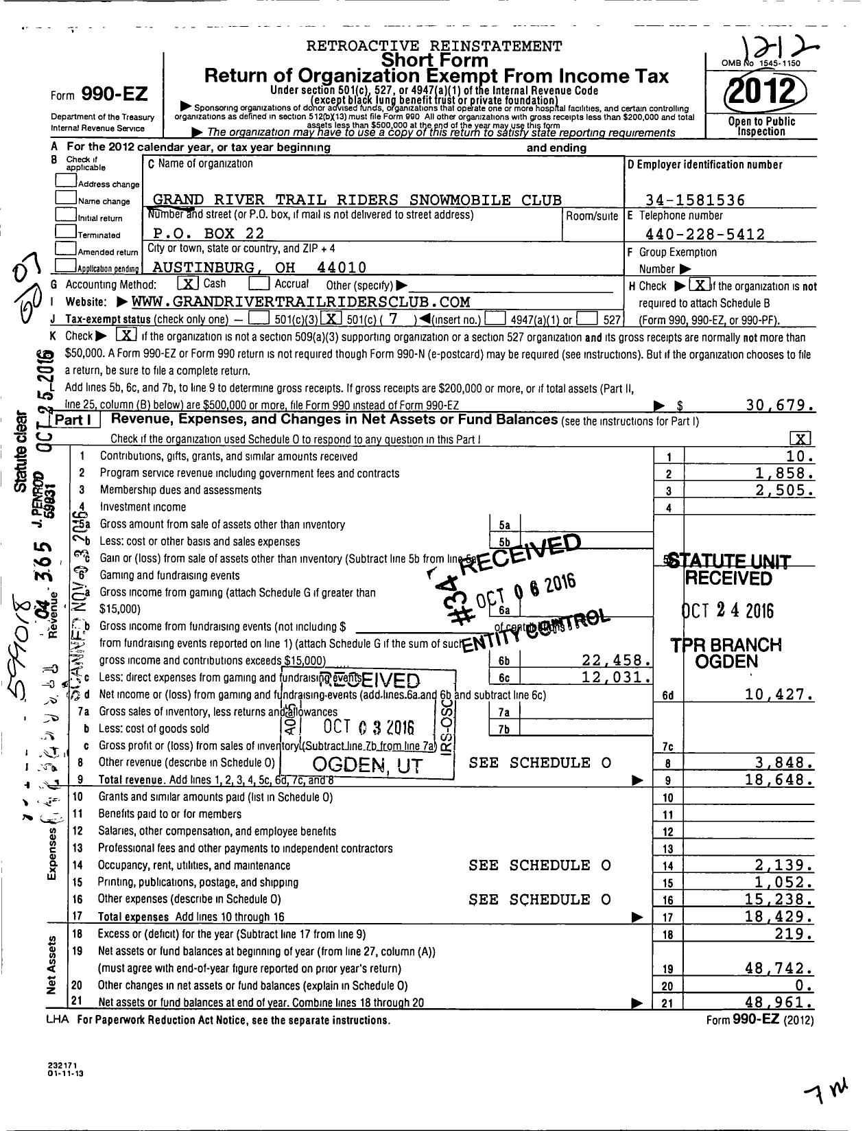 Image of first page of 2012 Form 990EO for Grand River Trail Riders Snowmobile Club