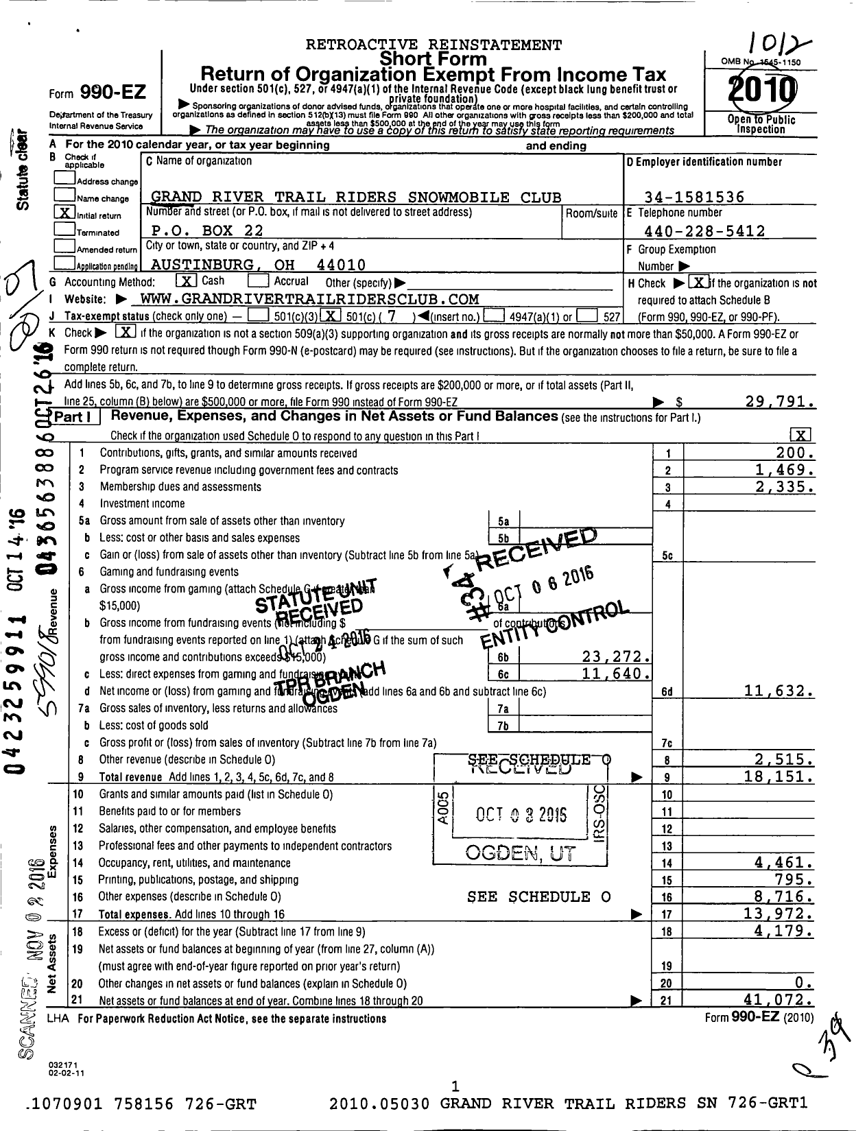 Image of first page of 2010 Form 990EO for Grand River Trail Riders Snowmobile Club