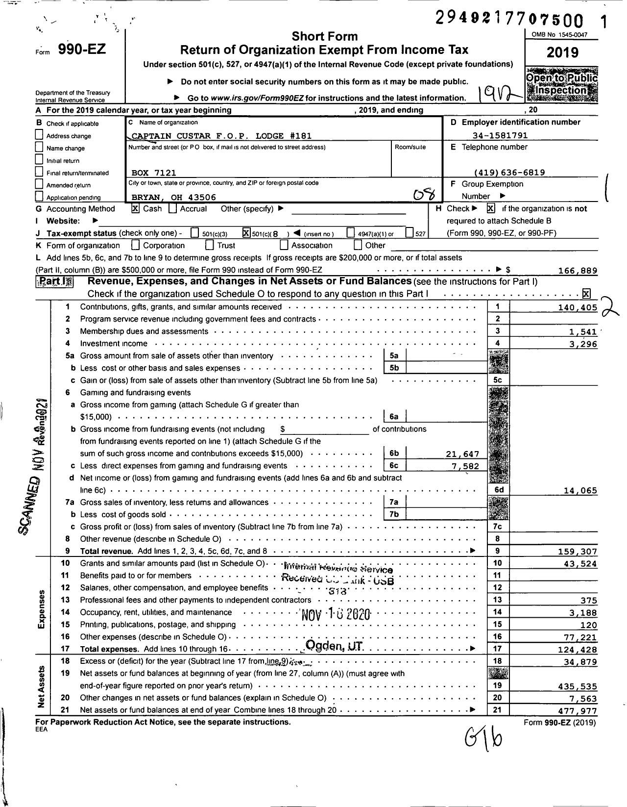 Image of first page of 2019 Form 990EO for Fraternal Order of Police - 181 Capt Ford Custer Lodge