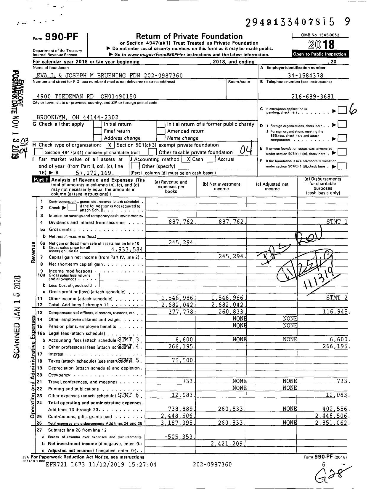 Image of first page of 2018 Form 990PF for Eva L. and Joseph M. Bruening Foundation