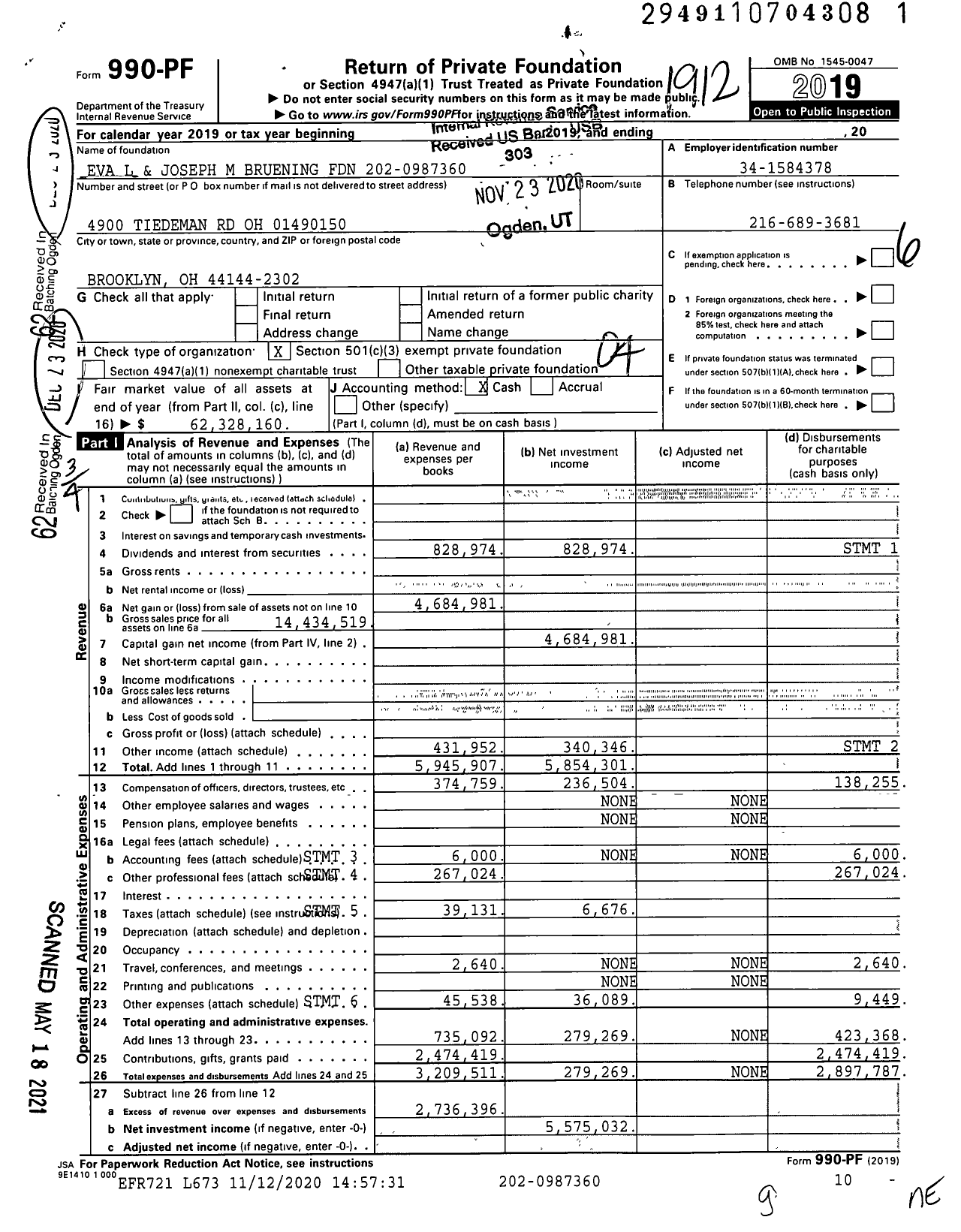 Image of first page of 2019 Form 990PF for Eva L. and Joseph M. Bruening Foundation