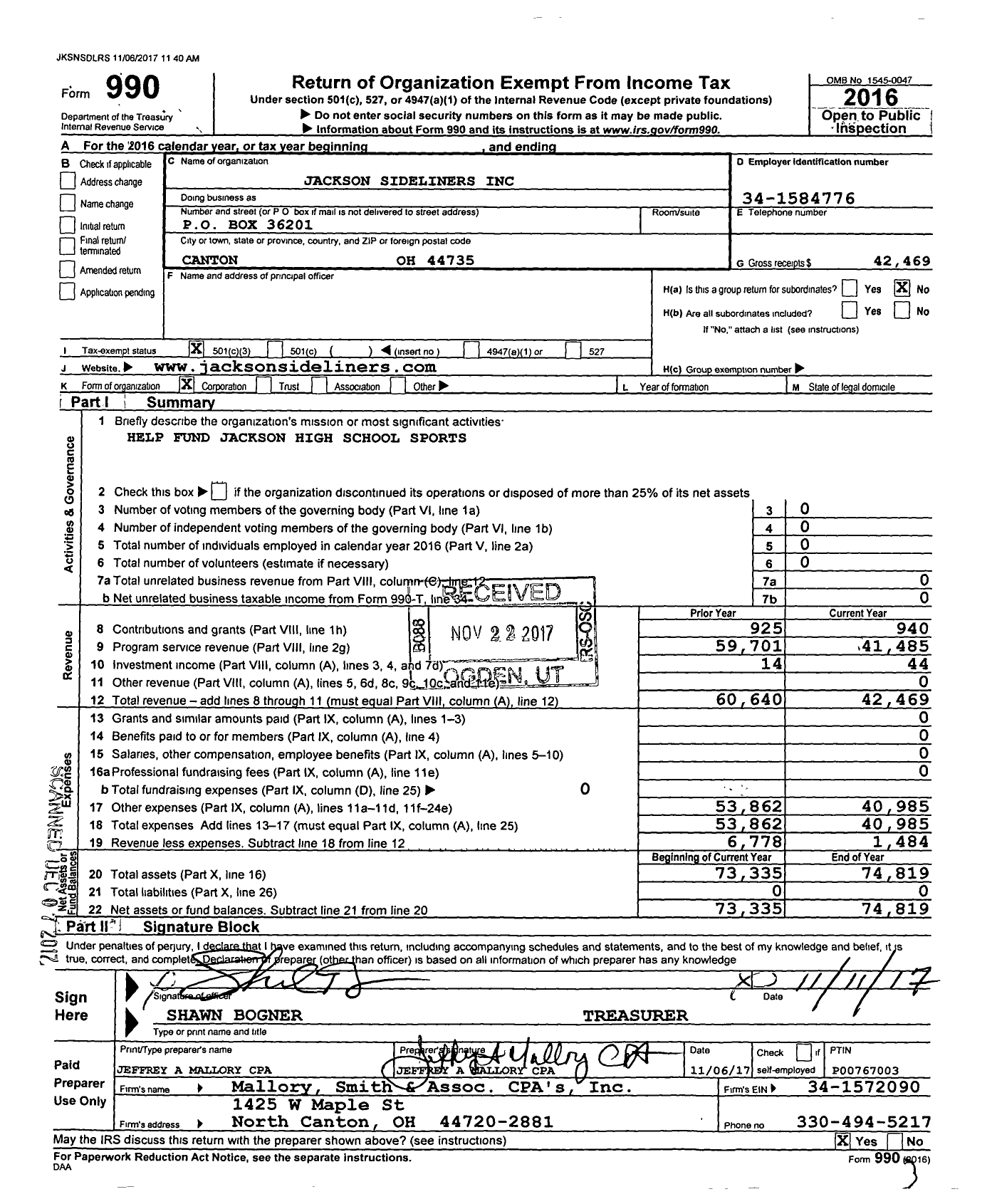 Image of first page of 2016 Form 990 for Jackson Sideliners