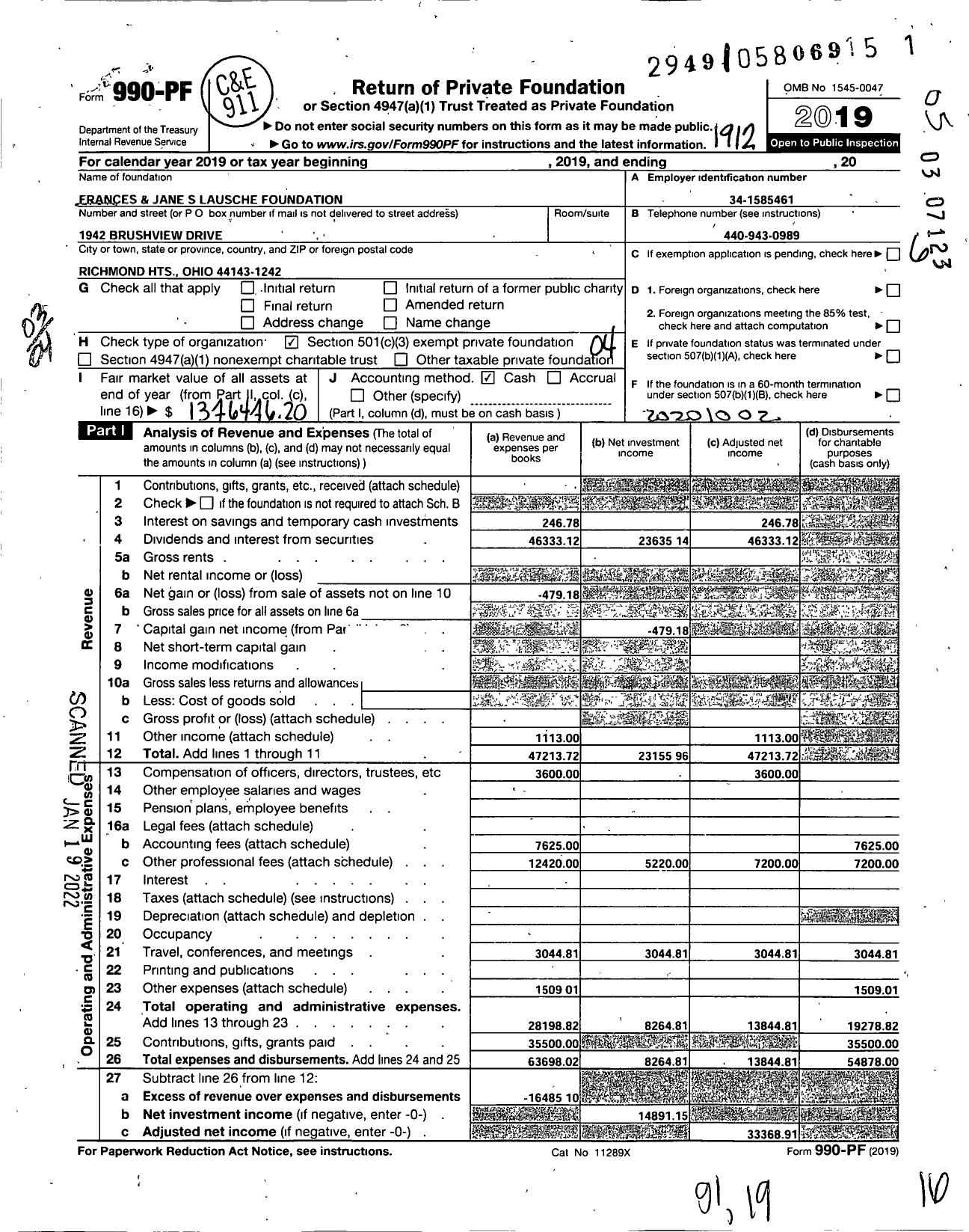 Image of first page of 2019 Form 990PF for Frances and Jane S Lausche Foundation