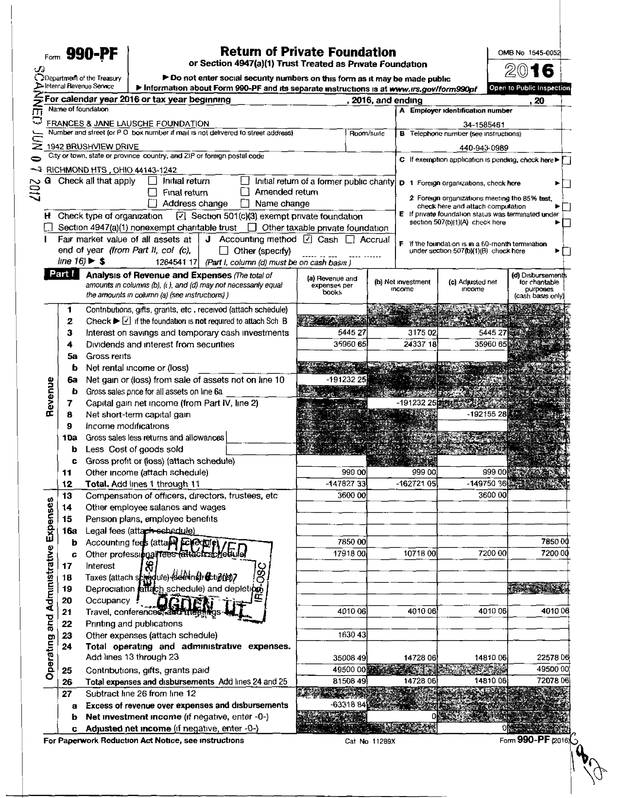 Image of first page of 2016 Form 990PF for Frances and Jane S Lausche Foundation