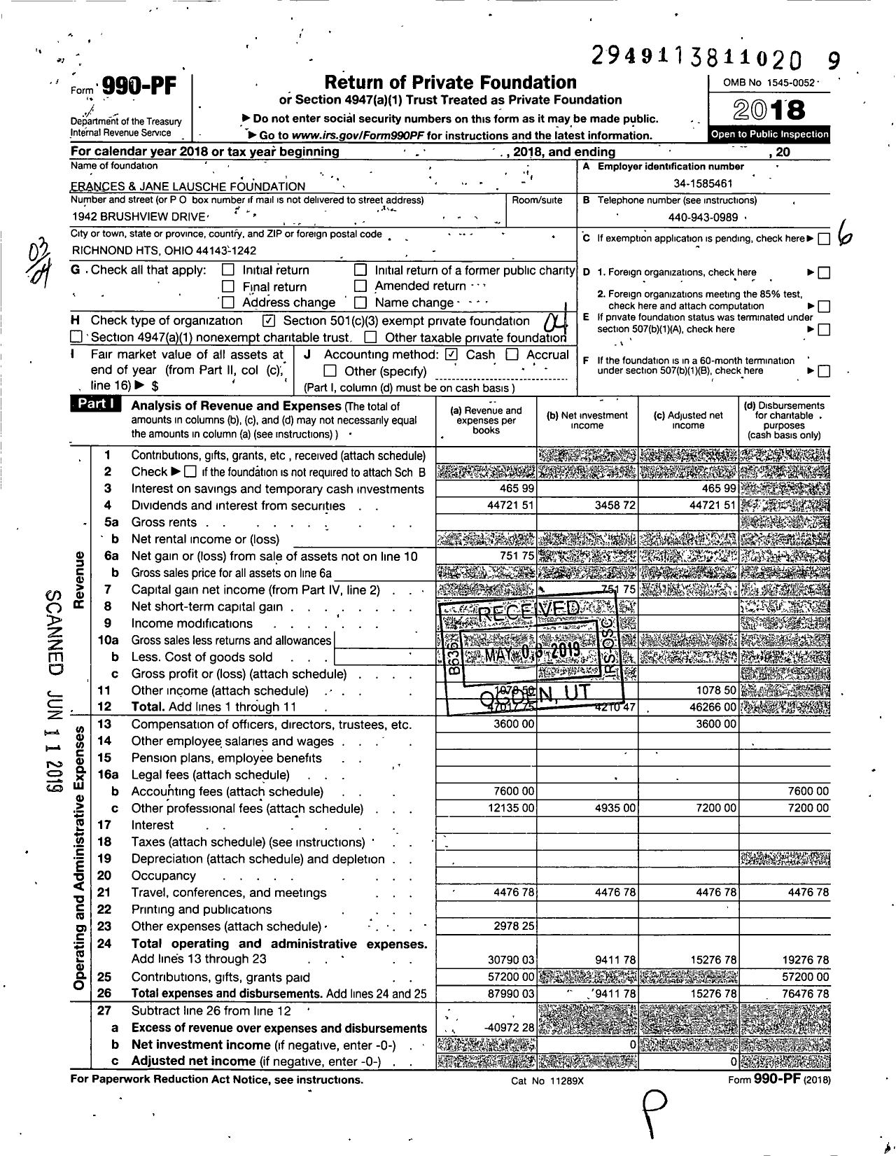 Image of first page of 2018 Form 990PF for Frances and Jane S Lausche Foundation