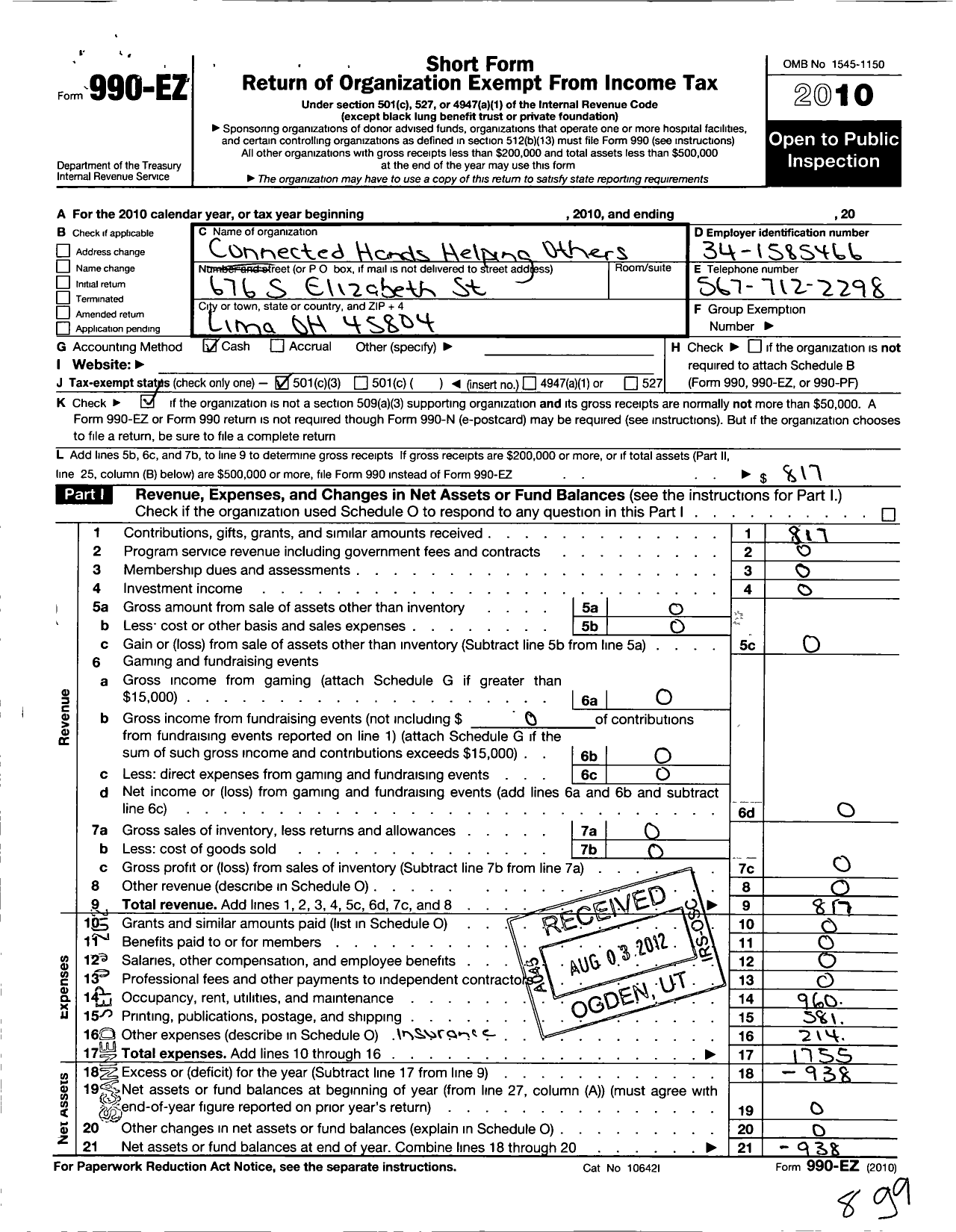 Image of first page of 2010 Form 990EZ for Connected Hands-Helping Others